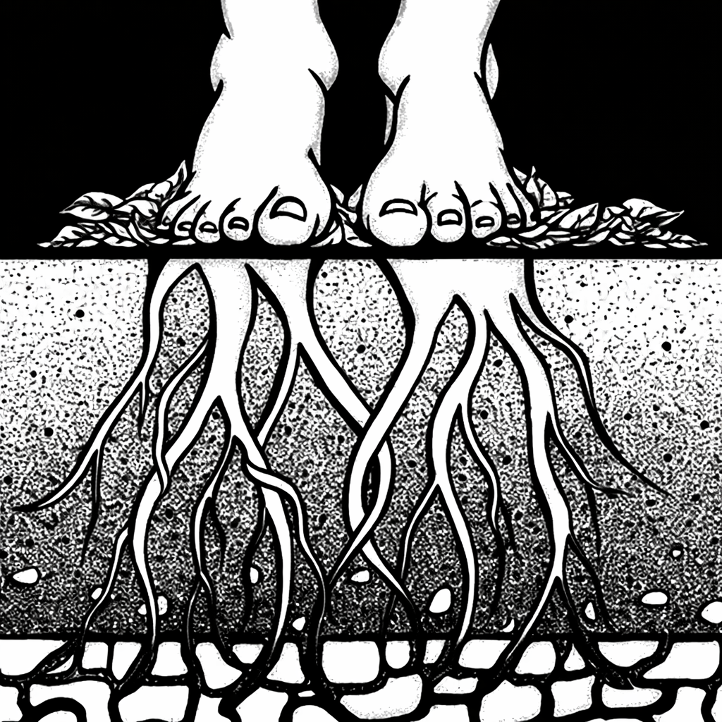 Black and white illustration of cow's hooves on ground, with roots extending from hoofs into soil.