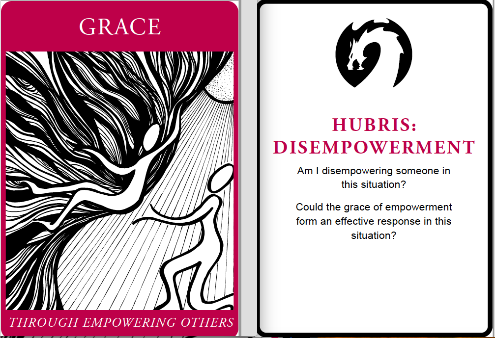 A black and white illustration of a person reaching out to a tree with flowing lines representing roots or branches. The image is on a pink background with the word "GRACE" at the top and "through empowering others" at the bottom.