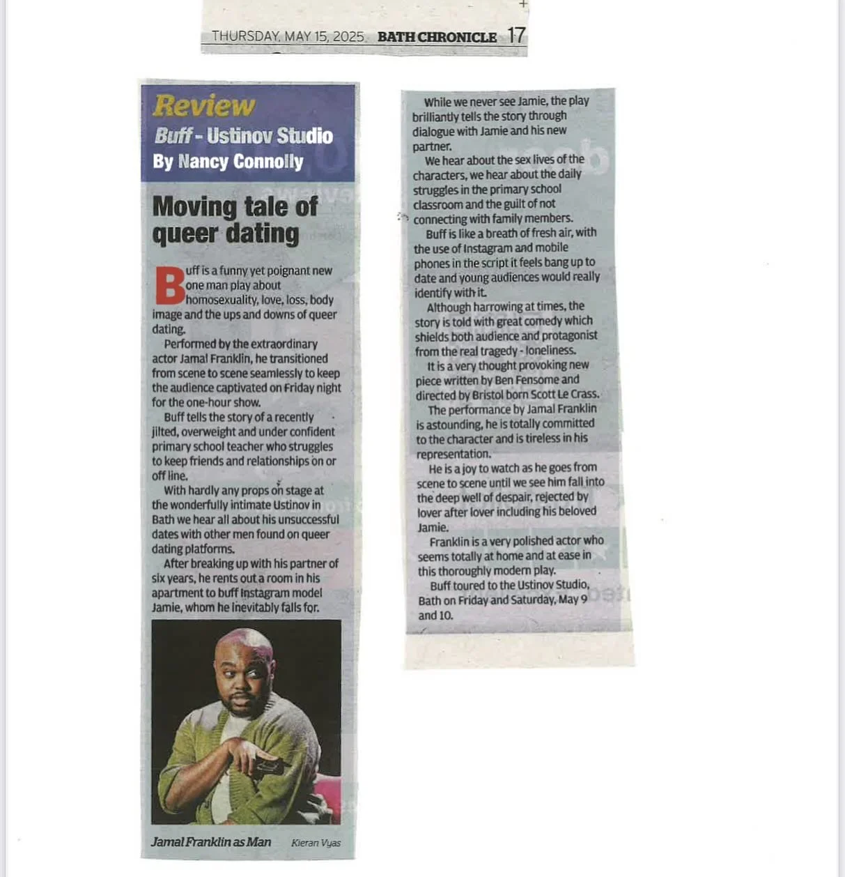 Moving into Week 4 on the BUFF Tour with a lovely review from our recent performances @theatreroyalbath1805 from the Bath Chronicle

&ldquo;Buff is a very thought provoking new piece&hellip; funny, yet poignant&rdquo;

&ldquo;The performance by @jama