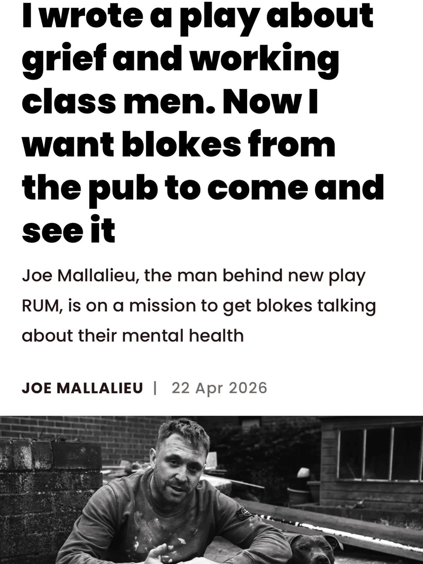 Joe&rsquo;s written a self-penned piece in the Big Issue 🗞️ 

Have a read!

https://www.bigissue.com/opinion/mental-health-joe-mallalieu-rum/

🎟️ Tickets on sale for 22nd - 25th April at 7:15 via @camdenpeoplestheatre 
🎟️ All tickets also availabl