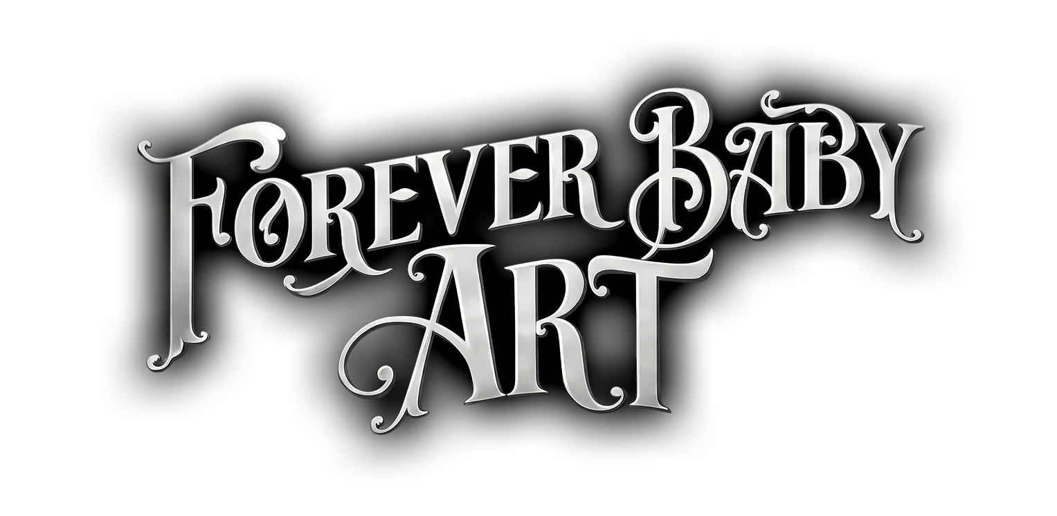 The text 'Forever Baby Art' in a stylized, metallic silver font on a black background.