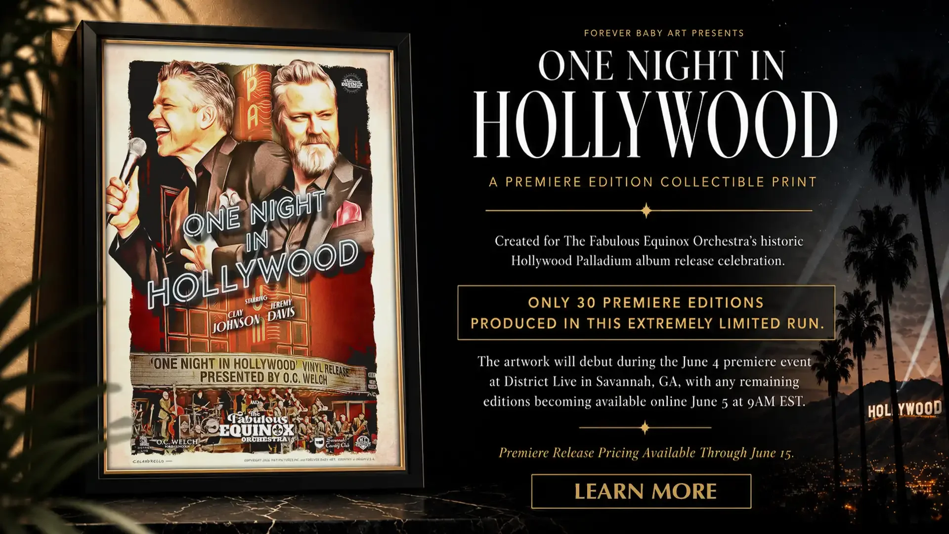 Promotional poster for 'One Night in Hollywood,' a collectible print created for the Hollywood Palladium celebration featuring Mock movie poster with actors and event details.