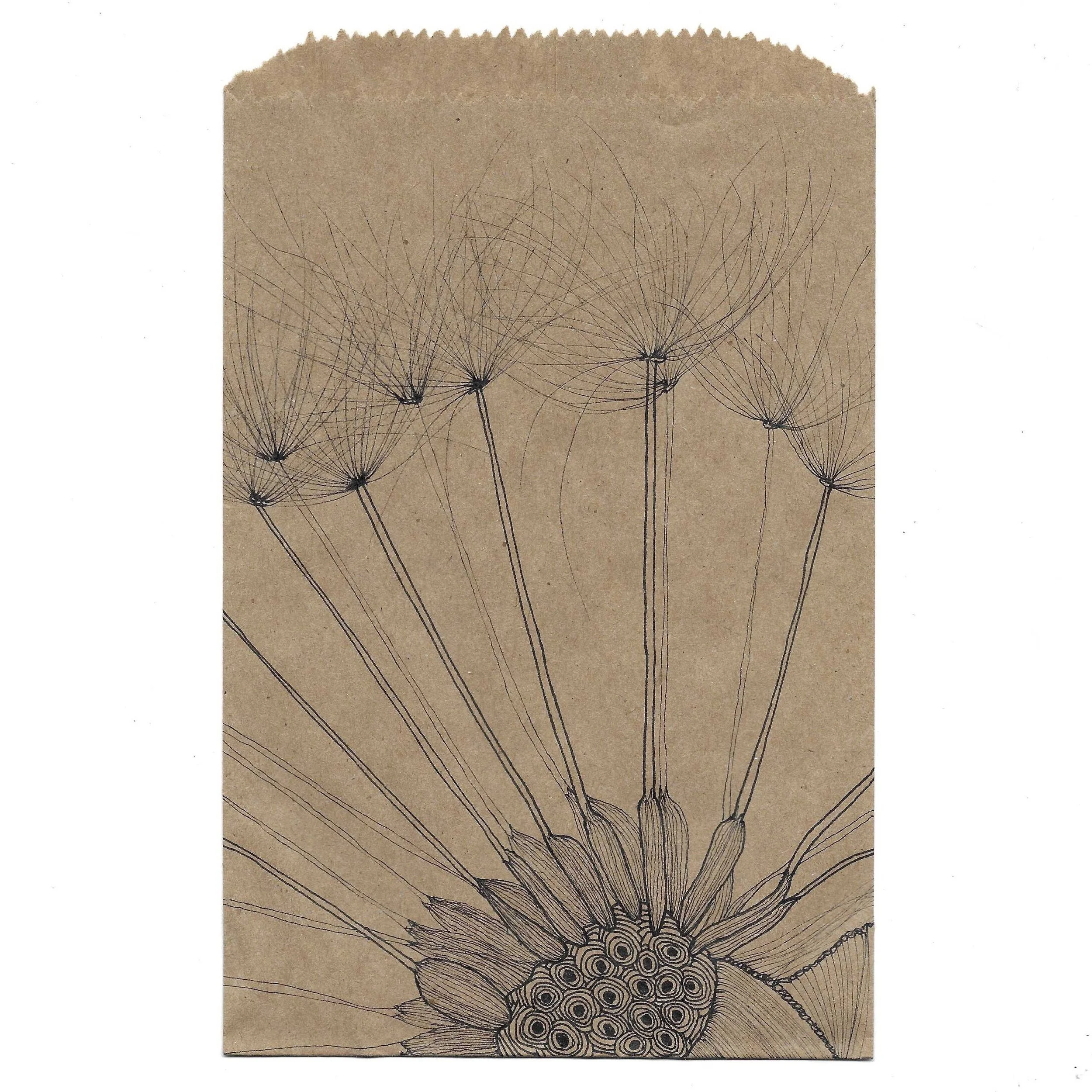 Taraxacum, ink on recycled paper bag, 6" x 8"