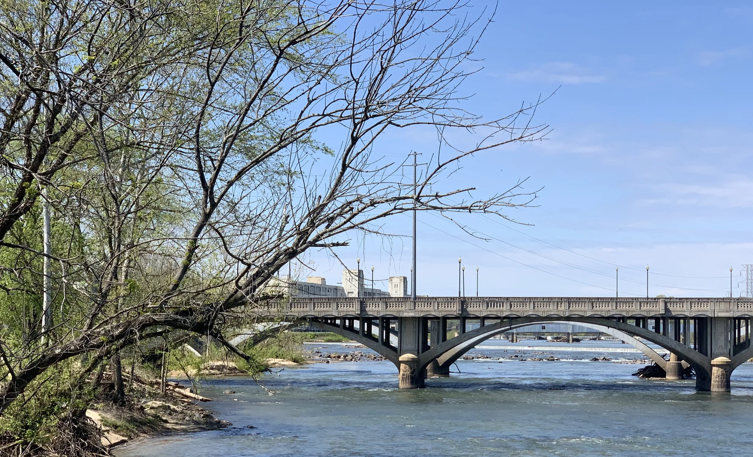 Bridge over a river with a tree in the foreground, some buildings in the background, and a partly cloudy sky.