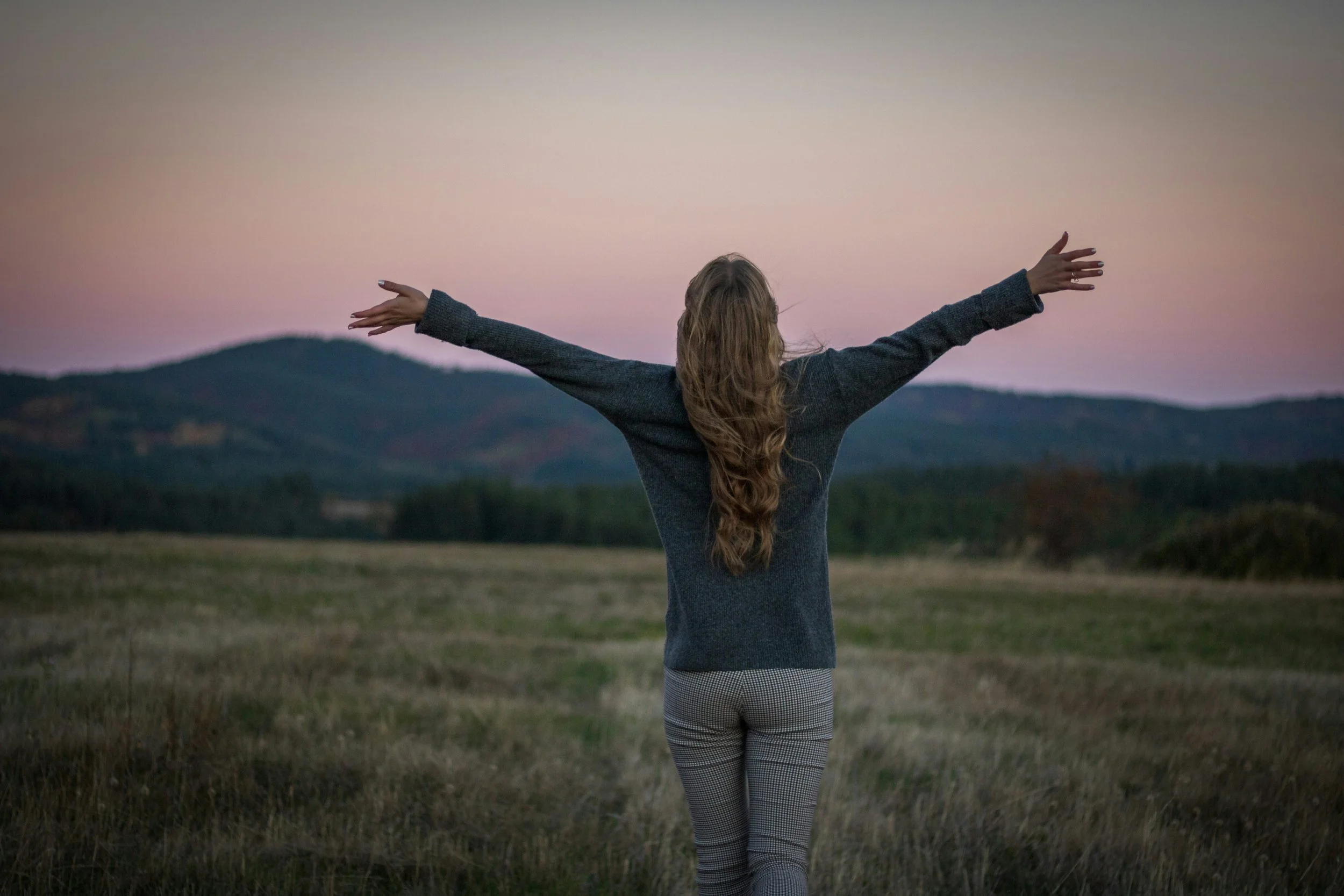A picture of a person from behind standing in a field at sunset with their arms outstretched
