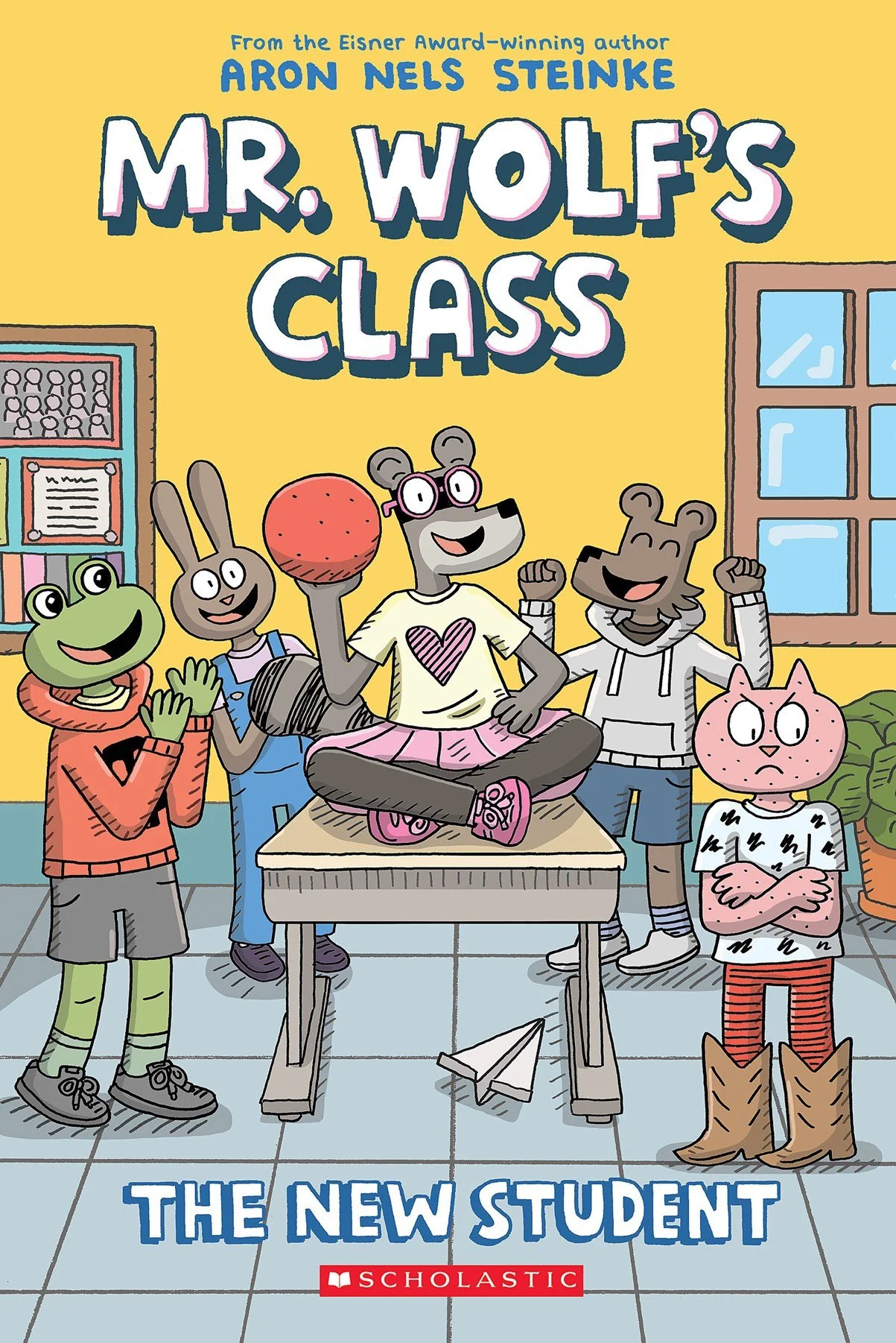 Cover of the children's book titled 'Mr. Wolf's Class' by Aron Nels Steinke, featuring animated animals in a classroom setting with a wolf as a student sitting on a desk, surrounded by other animal students, including a frog, rabbit, bear, and cat.