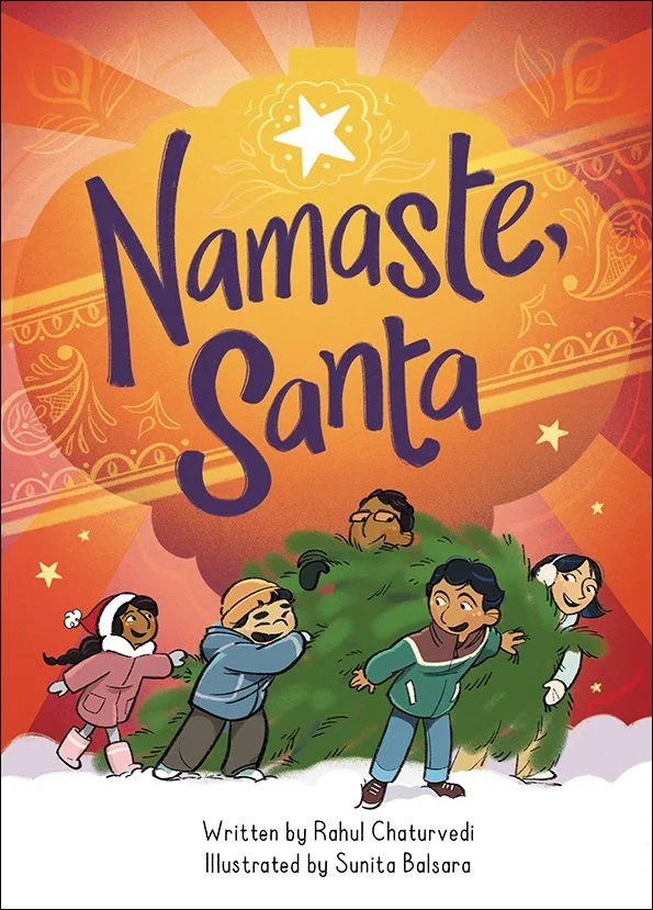 Children joyfully decorating a Christmas tree, with the title 'Namaste, Santa' in colorful text and star decorations, on a festive background.