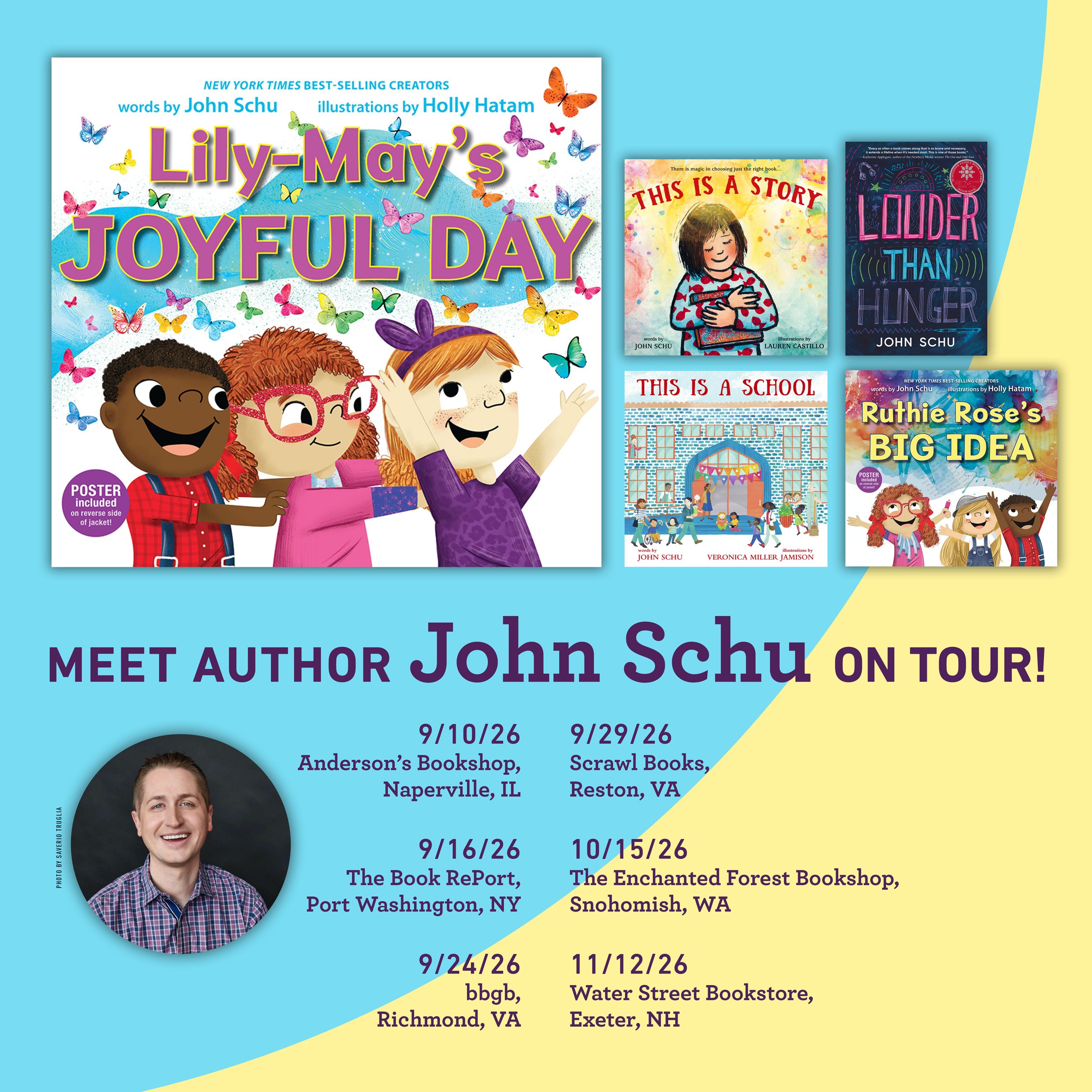 A colorful event poster with details of author visits, including dates and locations, featuring images of authors and children, with a background decorated with butterflies and vibrant colors.