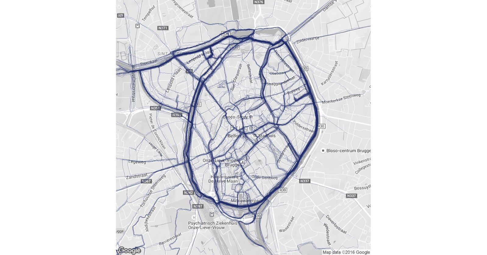 A visualization of running routes in Bruges, Belgium