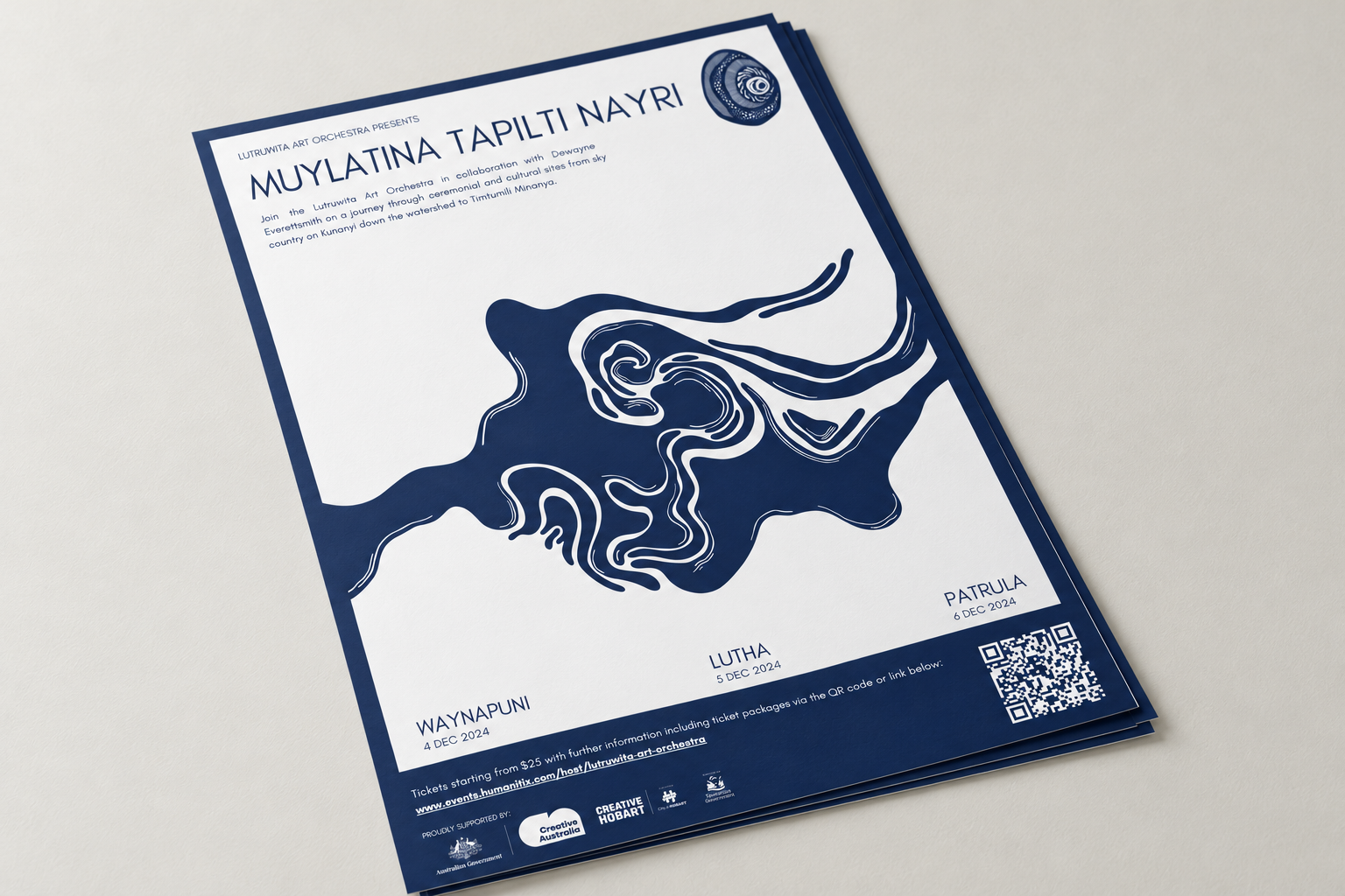Mock-up of the Muylatina Tapilti Nayri concert poster, featuring flowing navy artwork and Lutruwita Art Orchestra’s logo.