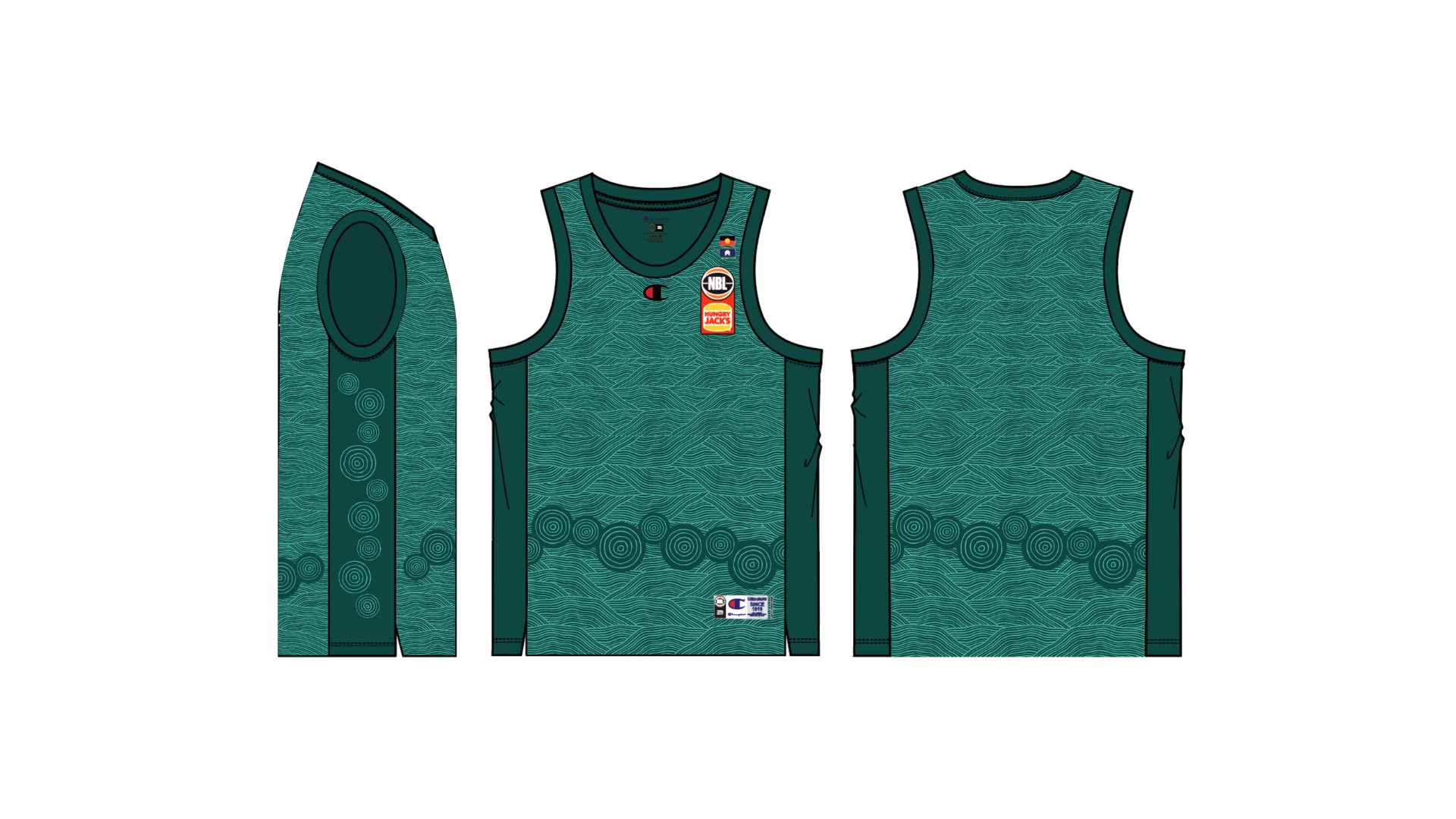 Side, front and back jersey concept drawings showing wave-patterned artwork and circular motifs across the panels.