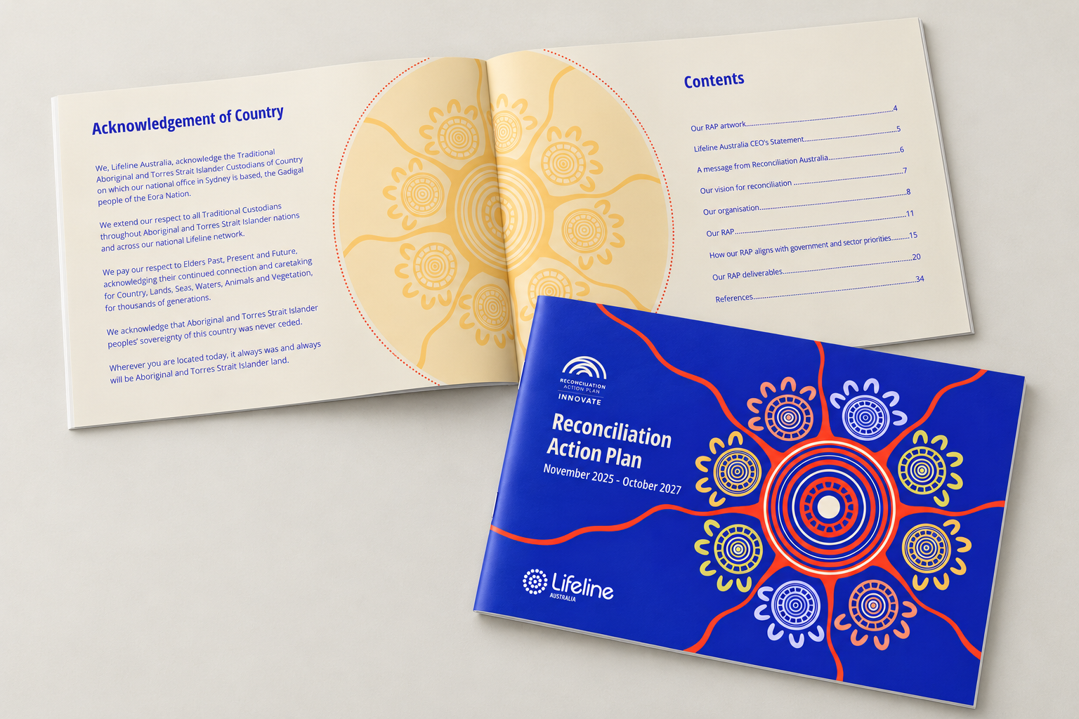 Mock-up of a closed blue Lifeline RAP booklet beside an open Acknowledgement of Country and contents spread.