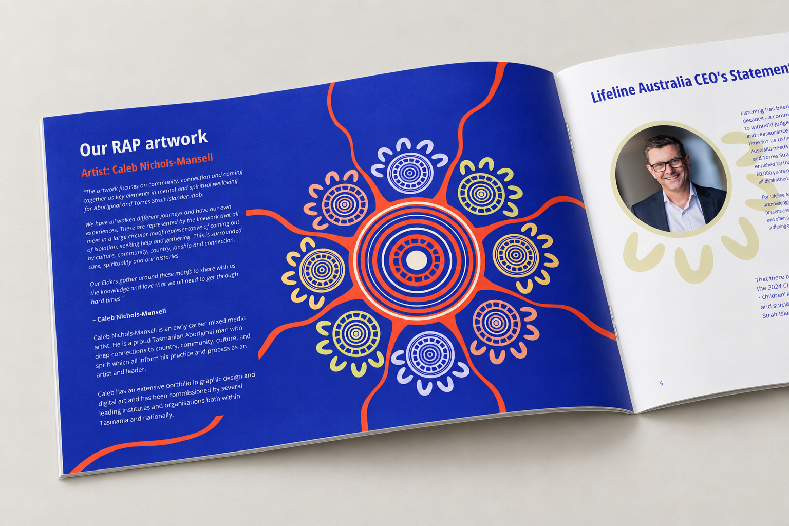 Open RAP booklet mock-up showing Caleb Nichols-Mansell’s artist statement and artwork beside Lifeline’s CEO statement.