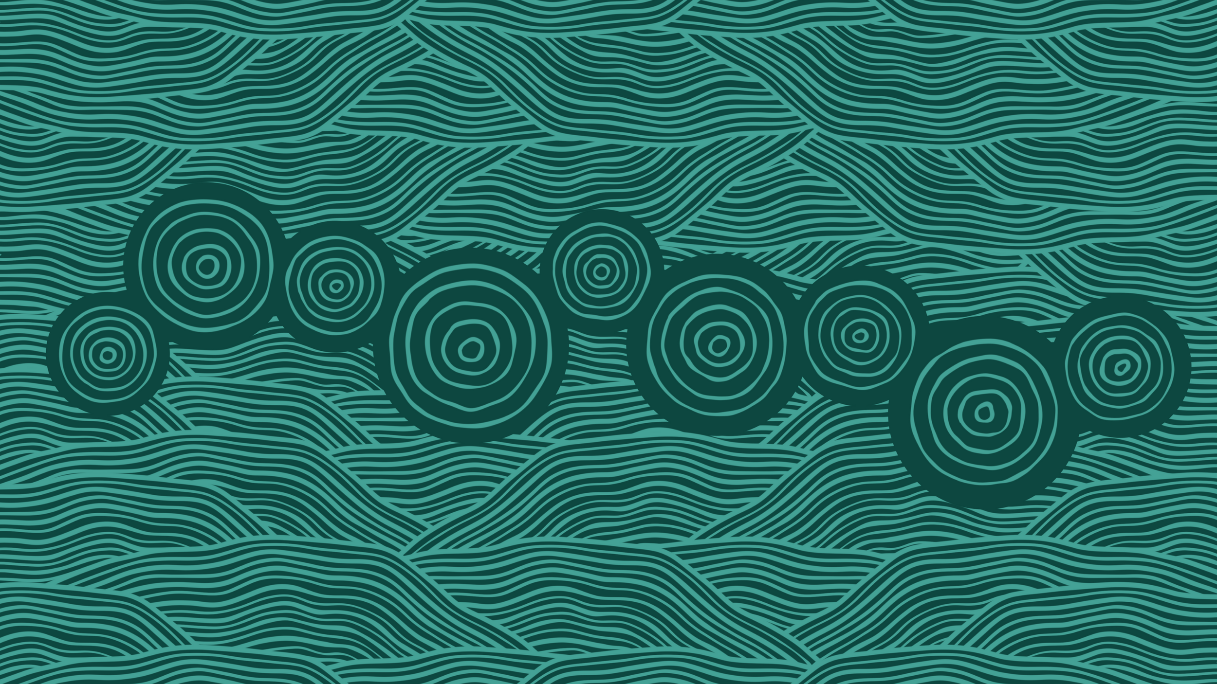 Muka/Salt Water artwork showing nine circular motifs within flowing teal and dark green linework inspired by salt water.