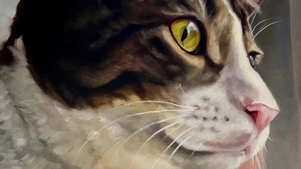 Close-up portrait of a calico cat with green eyes and pink nose, painted on canvas with a purple background.