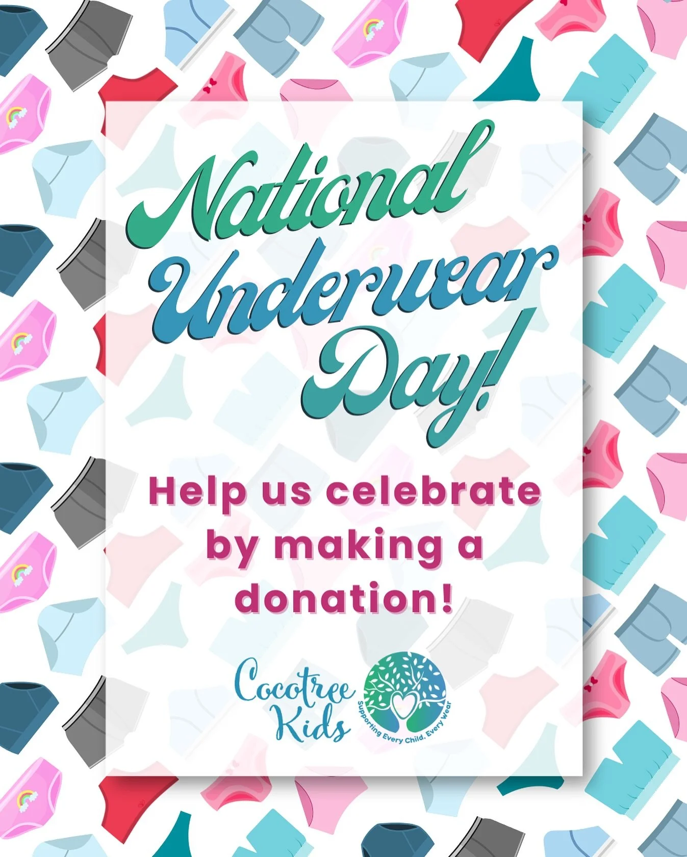 National Underwear Day is here! 🎉 
 
Back to school is just around the corner, and new underwear is crucial for kids to feel like they are starting the year off right. Without this basic need, kids often report that they don&rsquo;t want to go to sc