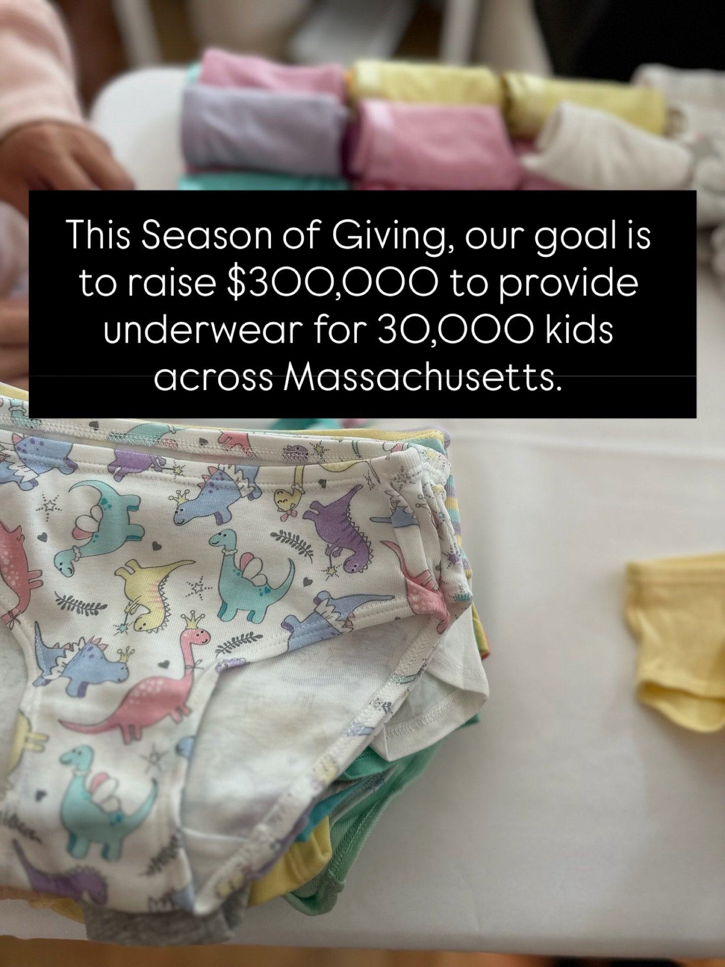 This Season of Giving, we set out to raise $300,000 to provide underwear for 30,000 kids across Massachusetts. Today, we&rsquo;re filled with gratitude and excited to share that we are 2/3 of the way there at $200,000 &ndash; and the impact will be f
