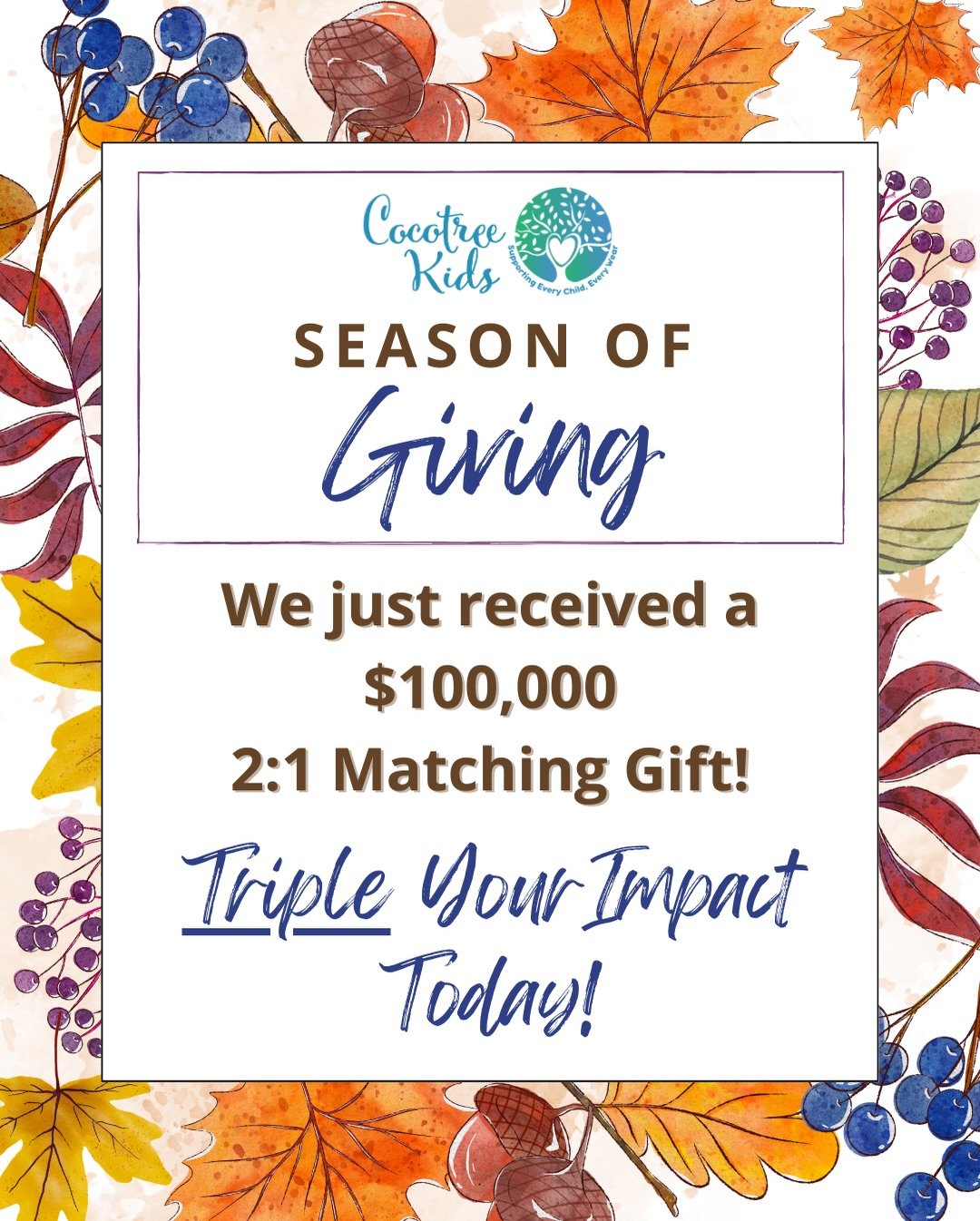 🚨MATCHING GIFT ANNOUNCEMENT! 🚨 We just received a $100,000 2:1 Matching Gift️! 😱 That means every dollar you give will be double matched, making your overall gift TRIPLE the amount up to $100,000. We are absolutely floored and beyond grateful to o