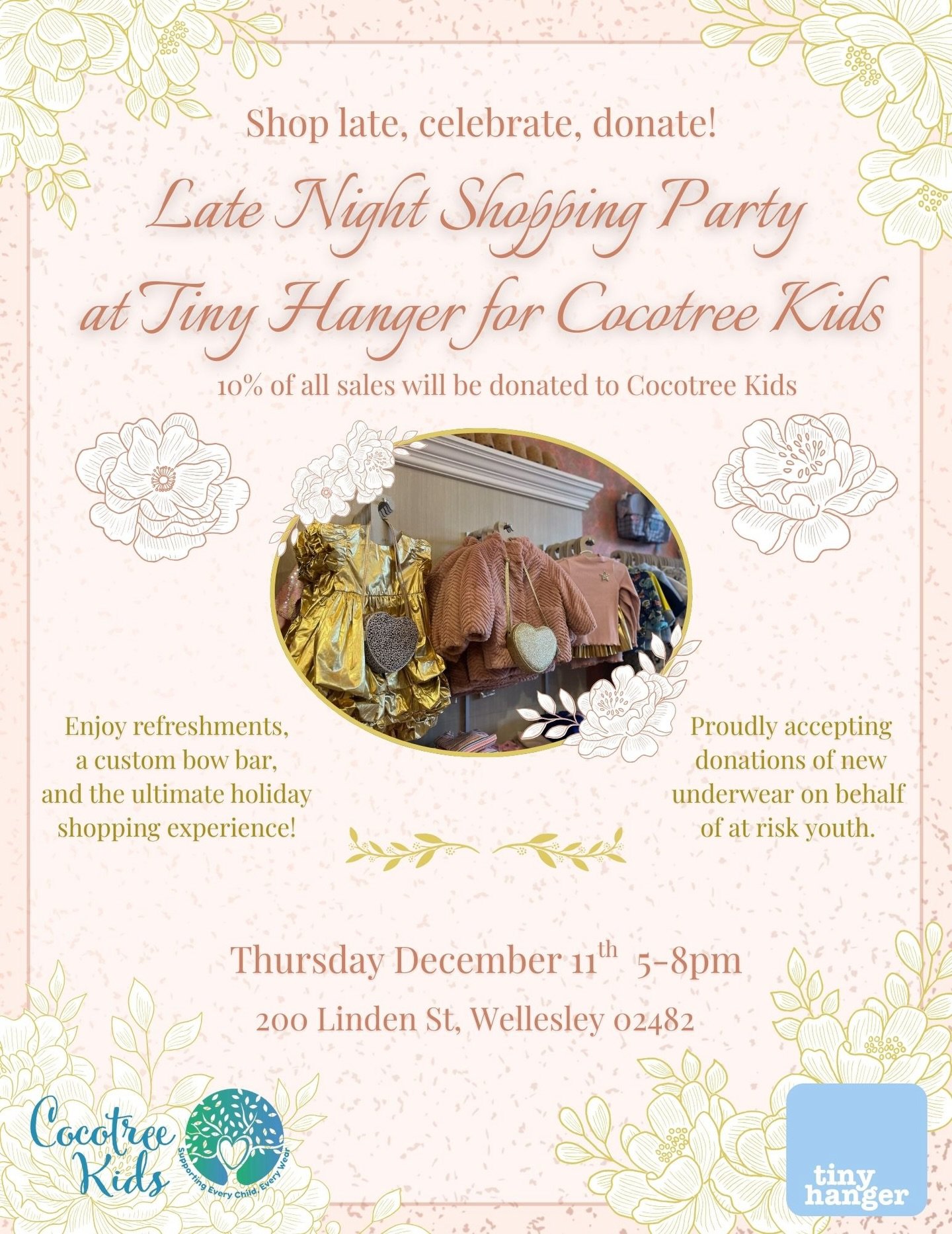 What&rsquo;s better than shopping? When your in-person AND online purchases give back to the community! 
 
If you have some holiday shopping to get done for your littles (aged 8 and under), join us on Thursday, December 11 from 5-8 pm at Tiny Hanger 