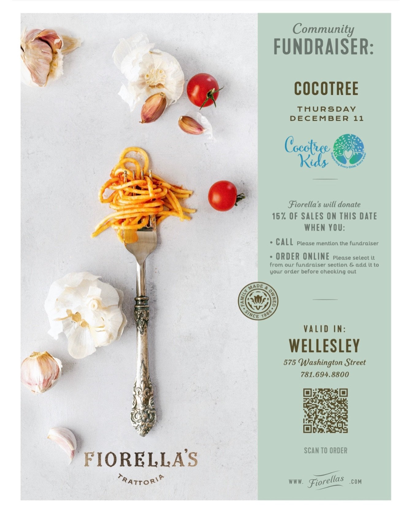 Dinner plans that give back? Yes, please! 🍝 

On Thursday, December 11th, 15% of your order at Fiorella&rsquo;s in Wellesley will be donated to Cocotree Kids! Each meal will help provide new underwear to underserved kids across Massachusetts. 🩲 

A