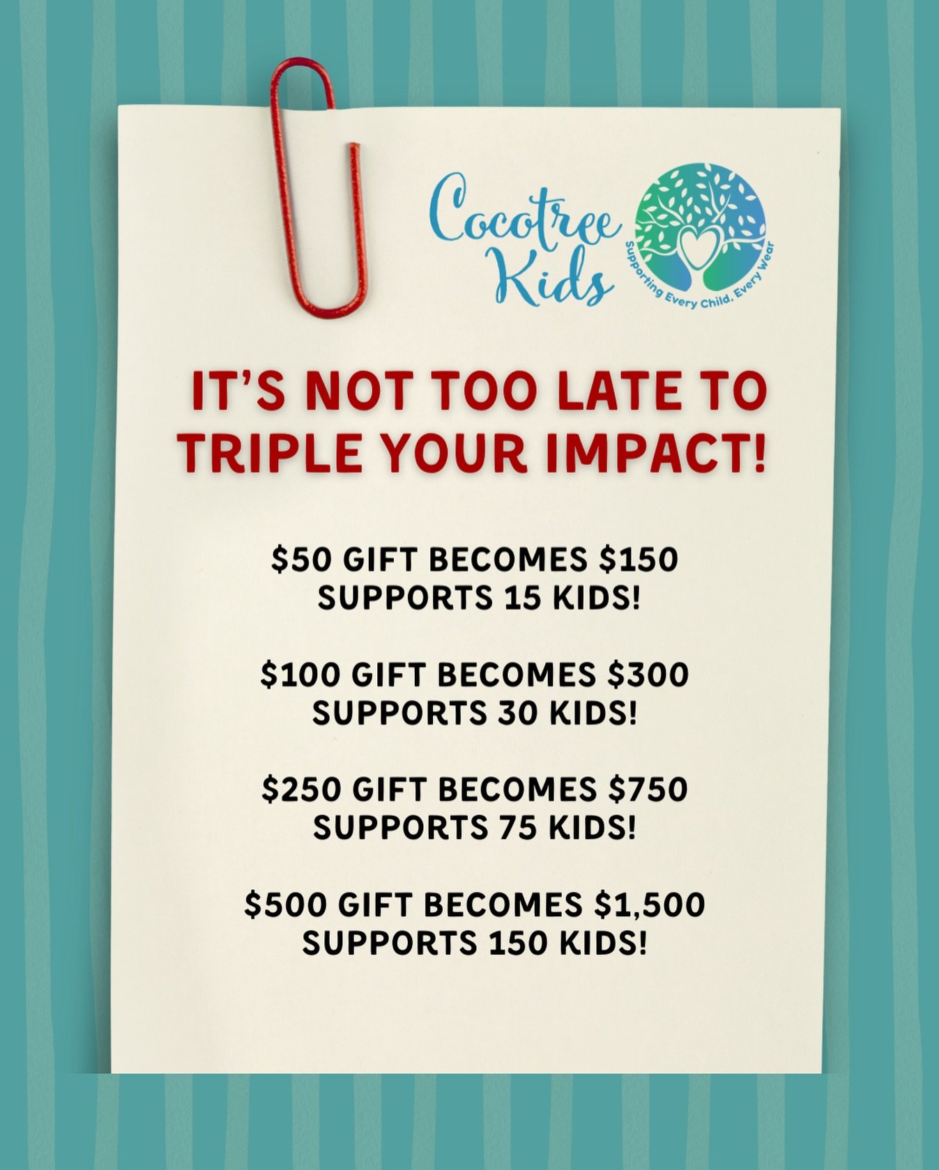 Just a few days left in 2025 to make a difference! This is an opportunity where your gift will go further since every donation is still being matched 2:1&mdash;meaning your overall impact is TRIPLED! 

A $50 gift becomes $150 / supports 15 kids 

A $