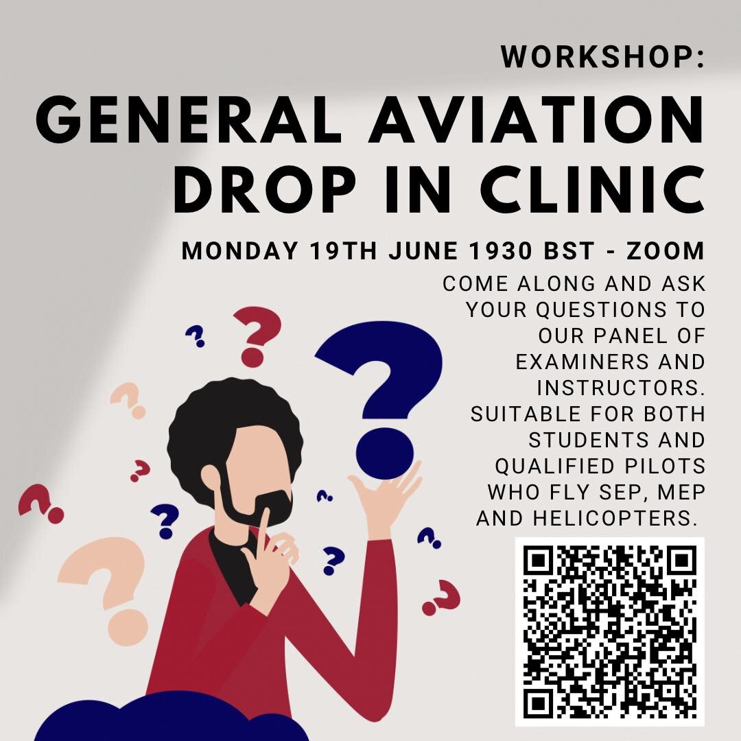 Our next workshop will be a GA drop in clinic, suitable for all qualified and student pilots flying fixed wing and/or helicopters. 

This is a great chance to come along and ask questions to our examiners and instructors. 

Please note this workshop 