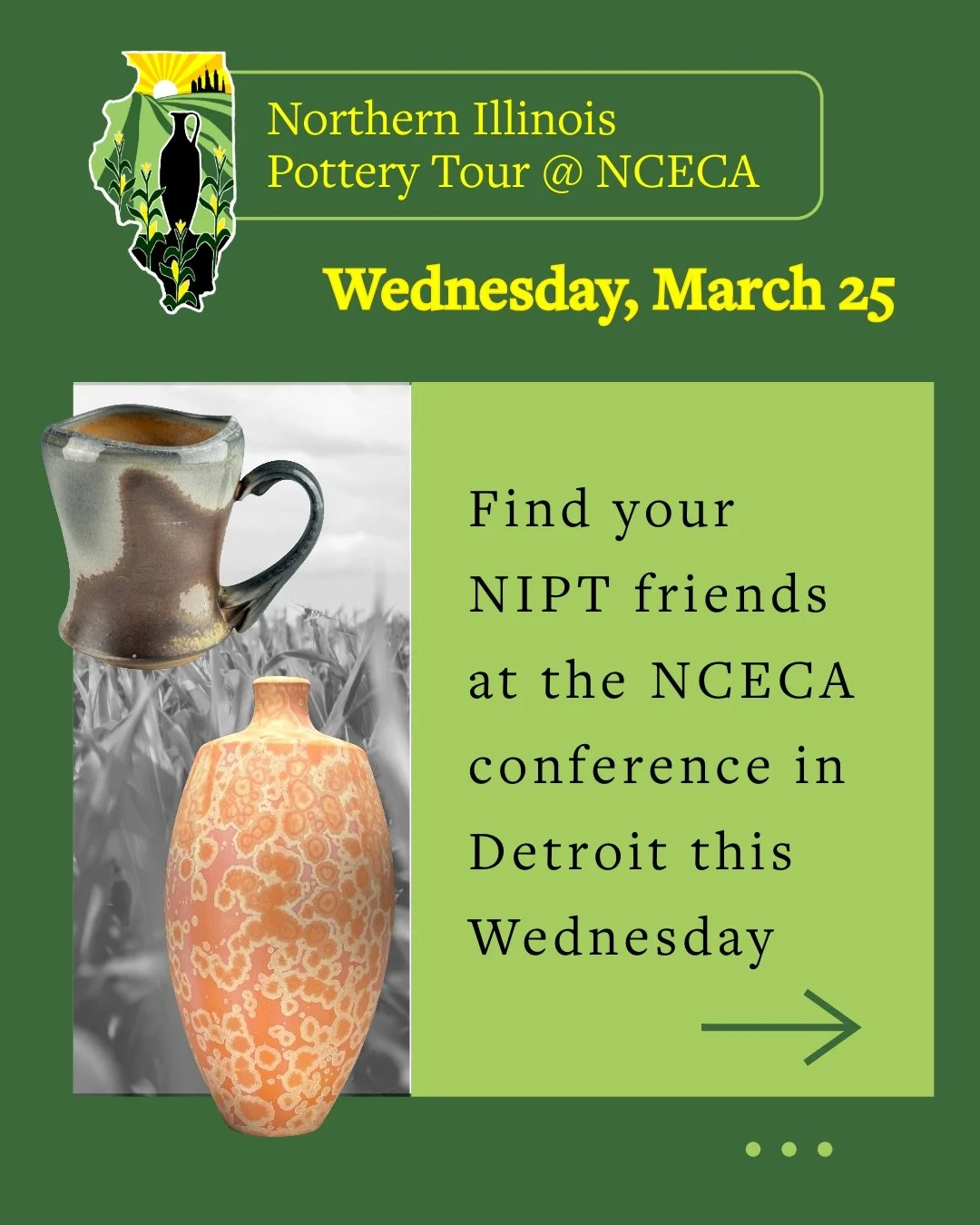 Going to the NCECA conference? Come find all your NIPT friends! Several artists from the Tour are exhibiting or doing demos at the conference this year, and we will give you daily updates so you can stop by and say hello.

This Wednesday you can find