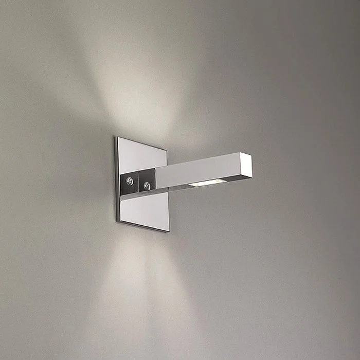 Polished Chrome sconce with square mounting plate, square projection from wall and up & down lighting