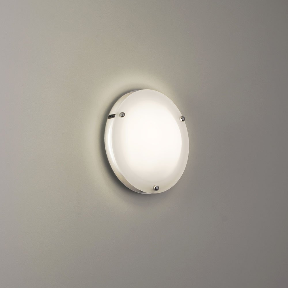 round glass sconce light fixture with triad of polished chrome mounting nuts