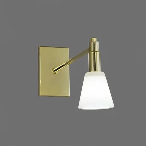a gold or brass sconce with vertical rectangular mounting plate, long central stem holding a downward white conical glass shape