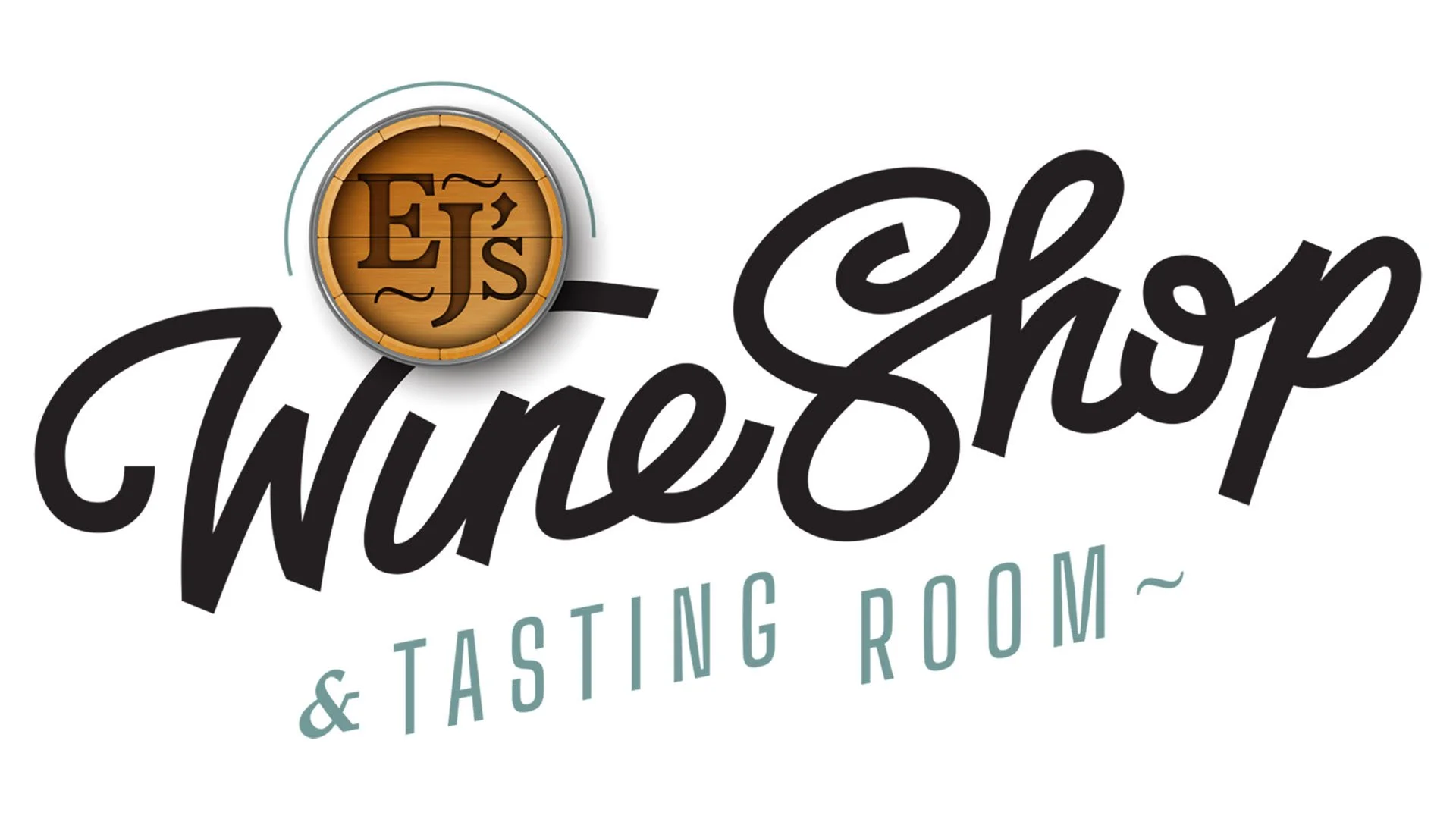 Logo for EJ's Wine Shop featuring a circular wooden sign with the initials 'EJ's' in the center and the words 'Wine Shop' in large cursive font, with smaller text underneath reading '& Tasting Room'
