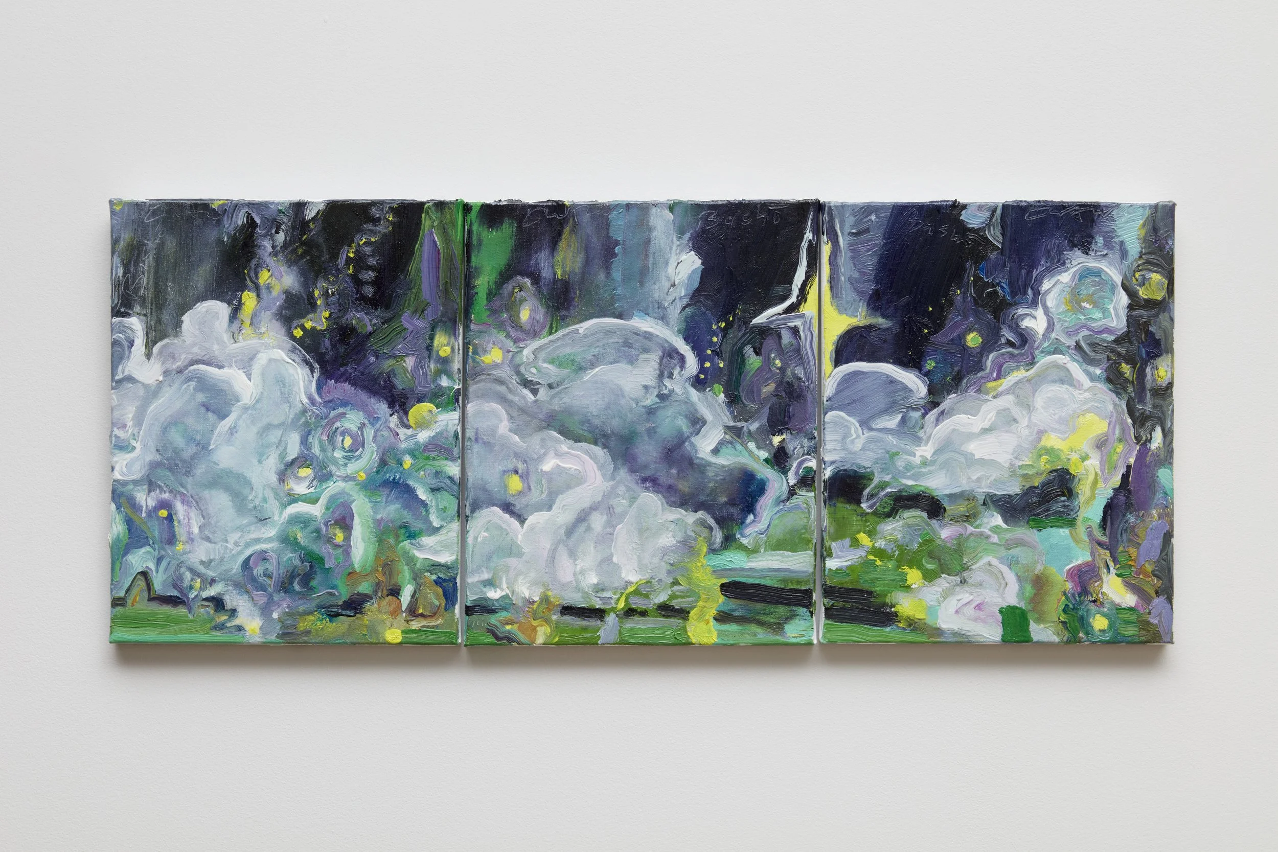  Eric Aho  
 Bashō and the Fireflies , 2025 
oil on linen, 14 x 33 1/4 inches (overall) 
Courtesy the artist and DC Moore Gallery, New York 