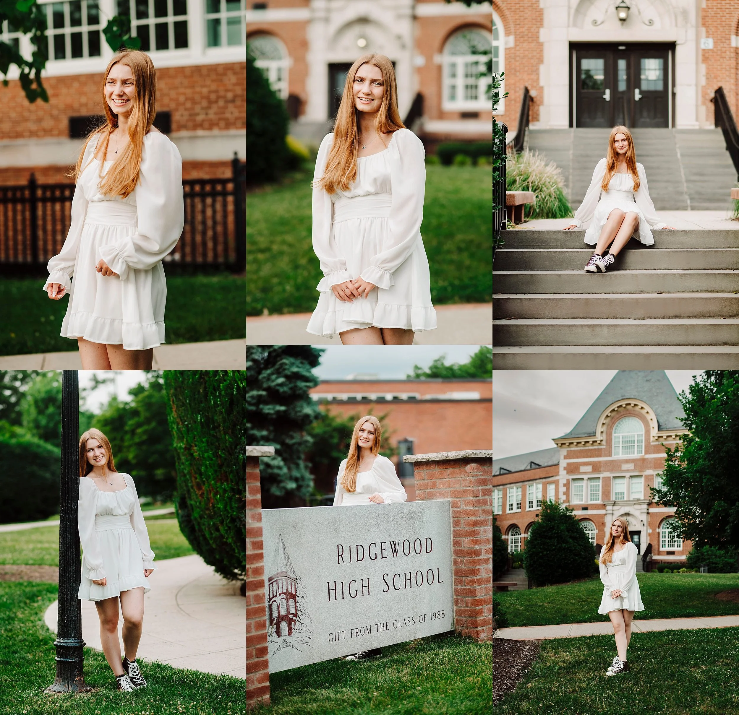 A young woman with long red hair wearing a white dress in various outdoor settings around Ridgewood High School campus, including sitting on steps, standing near a sign, and walking in lush green areas.