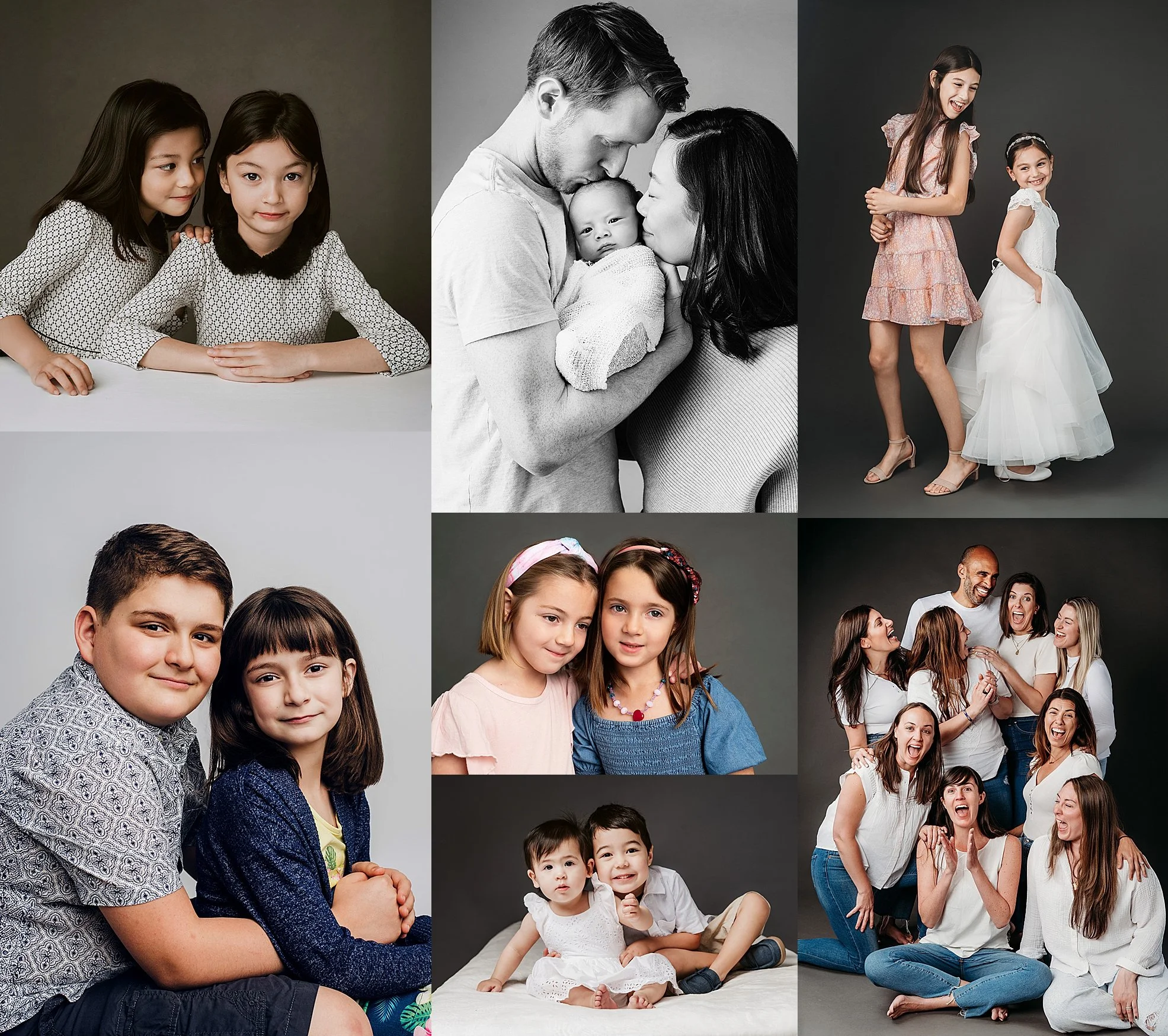 Collage of multiple family and group photos with children and adults, some smiling, some in playful poses, in various outfits, with mostly grey background.