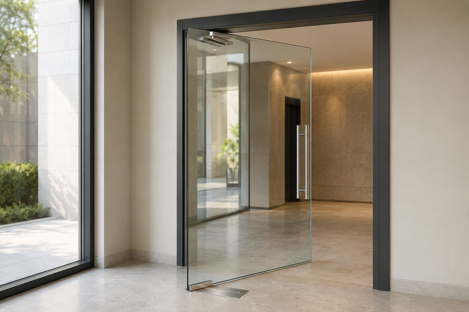 Glass entrance door fitted with an overhead door closer and floor spring.