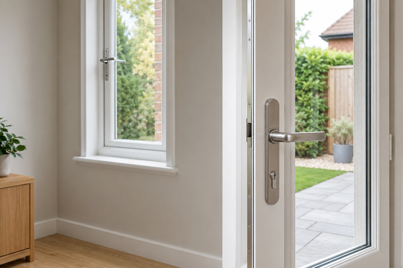 Modern uPVC door and window fitted with secure replacement lock hardware.