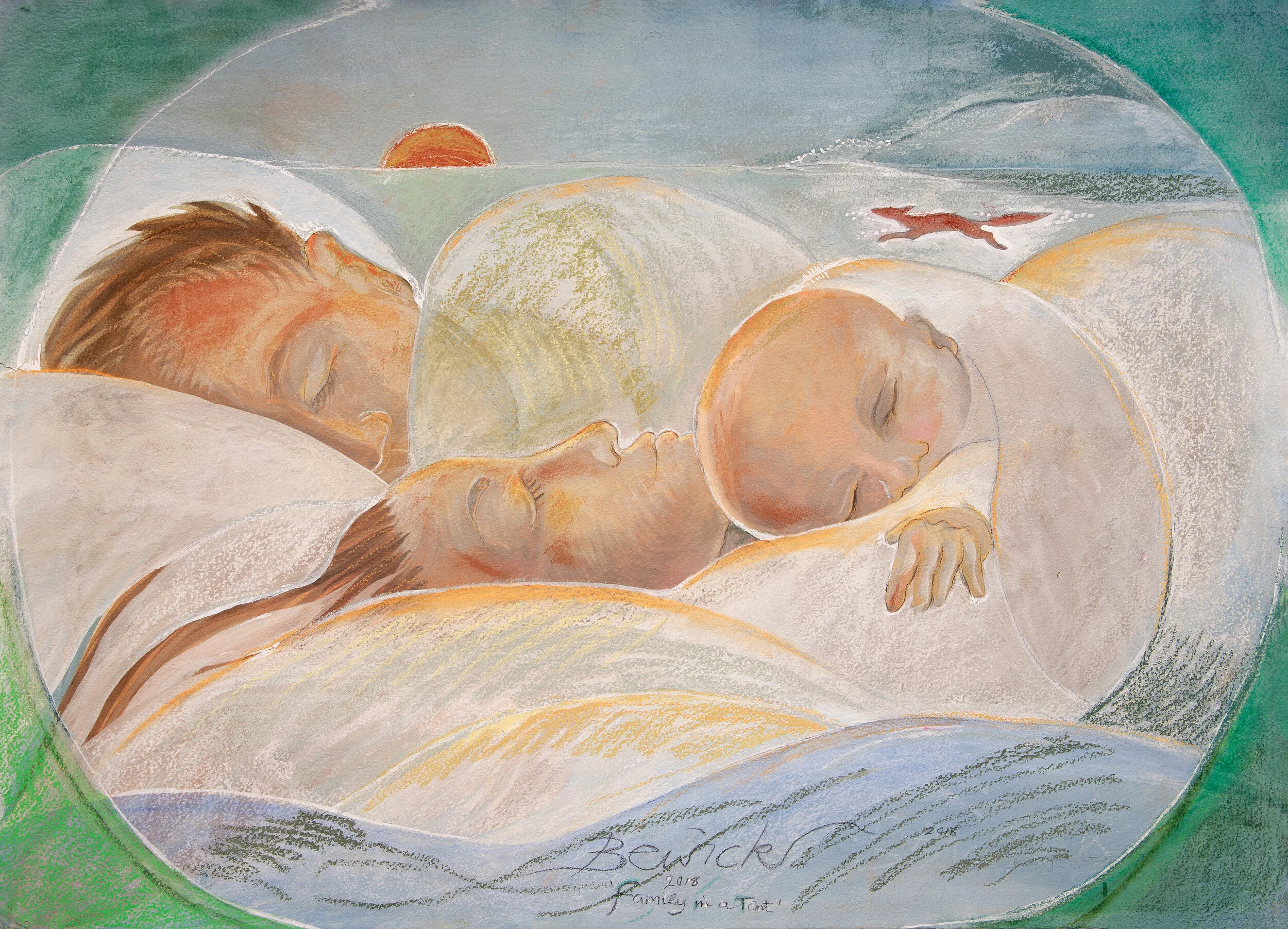 A watercolor painting of a sleeping baby with a sunset in the background, a bird flying in the sky, and a signature reading 'Benicke' with the date 2018.