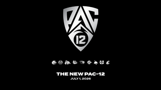 New Pac-12 Collegiate Athletic Conference Launch July 1, 2026. Black background with the Pac-12 logo in chrome, and school logos in white.