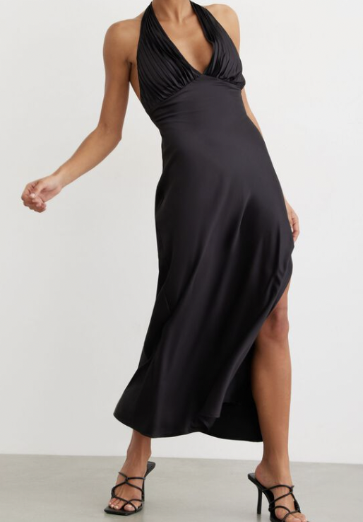 Pleated Top Halter Satin Midi Dress