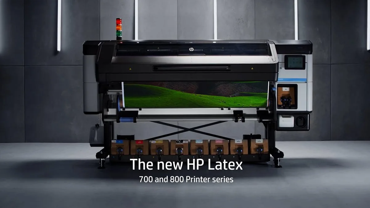HP Latex printer from the 700 and 800 series displaying a landscape print.
