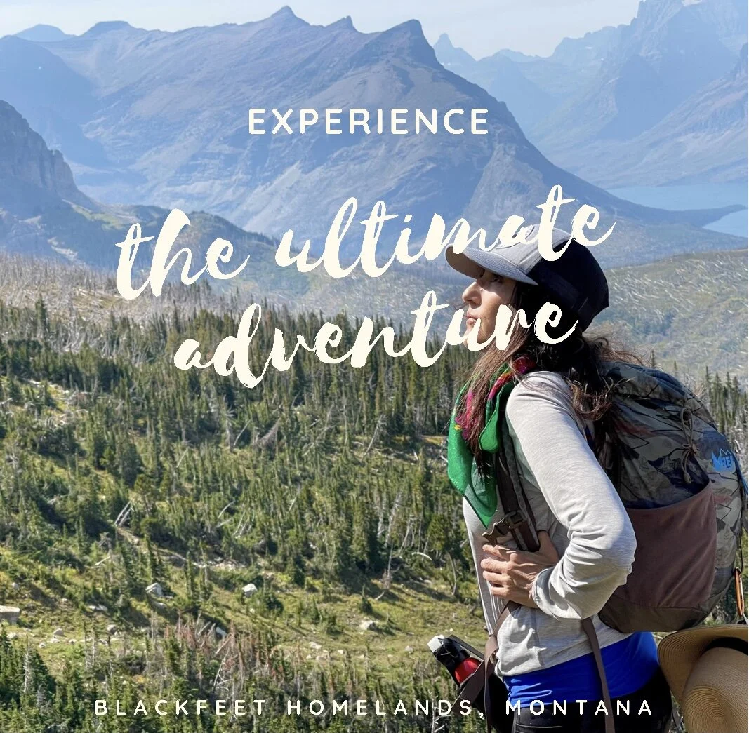 A woman with a backpack and hat hiking in a mountainous wilderness with pine trees and mountain peaks in the background, promoting outdoor adventure.