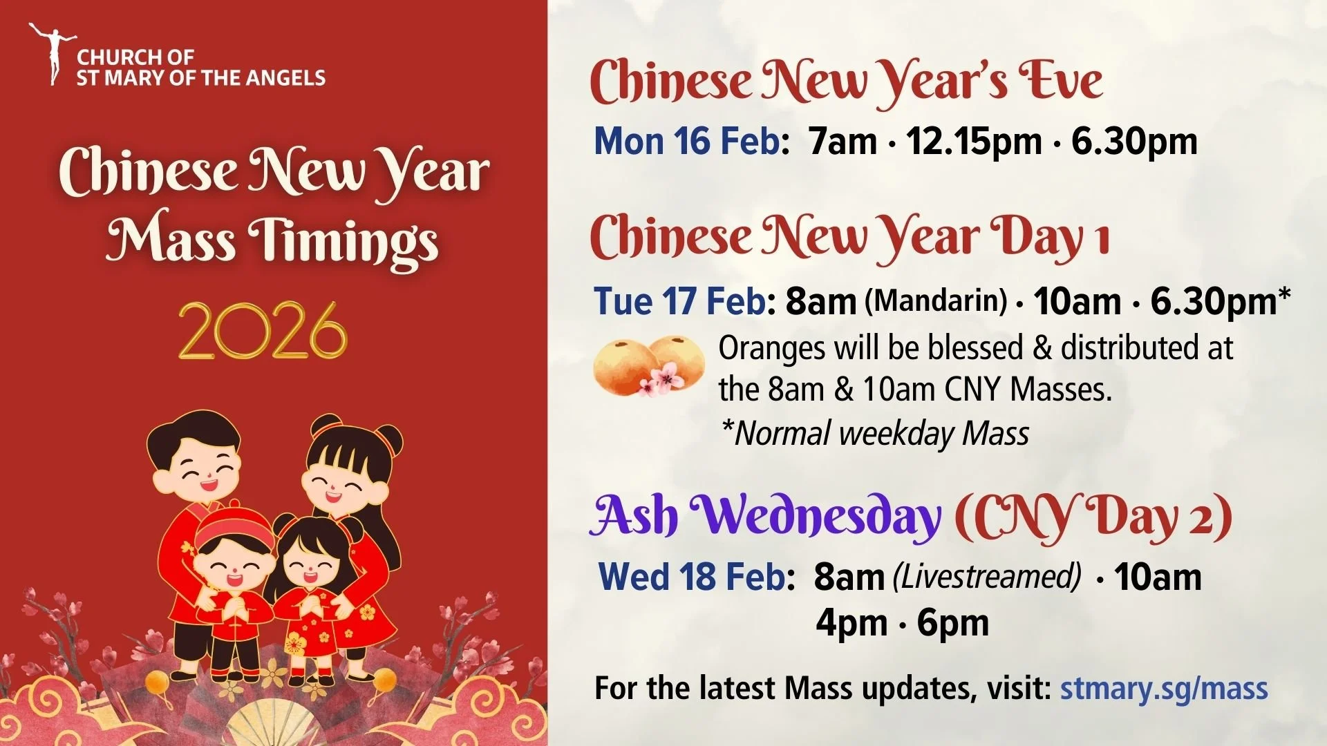 Chinese New Year 2026 &amp; Ash Wednesday Mass Timings