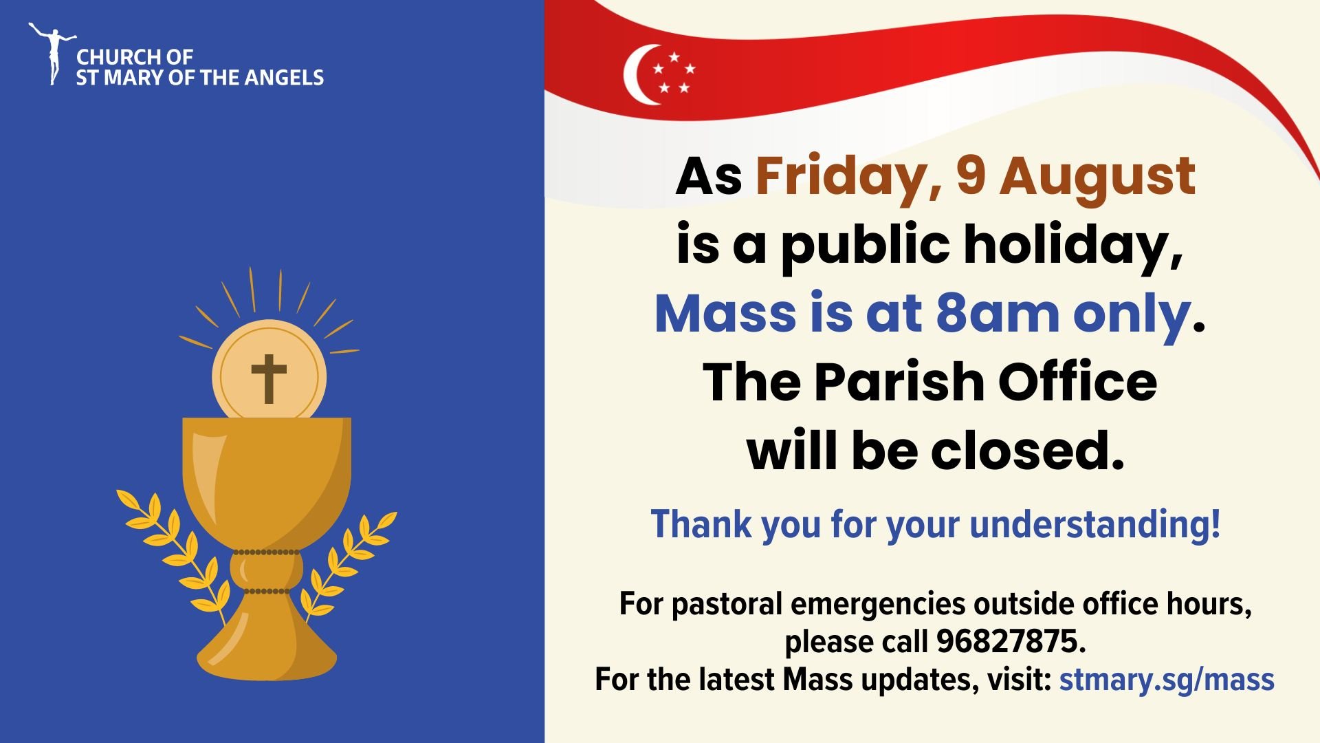 Mass Timing on 9 August — Church of St Mary of the Angels, Singapore