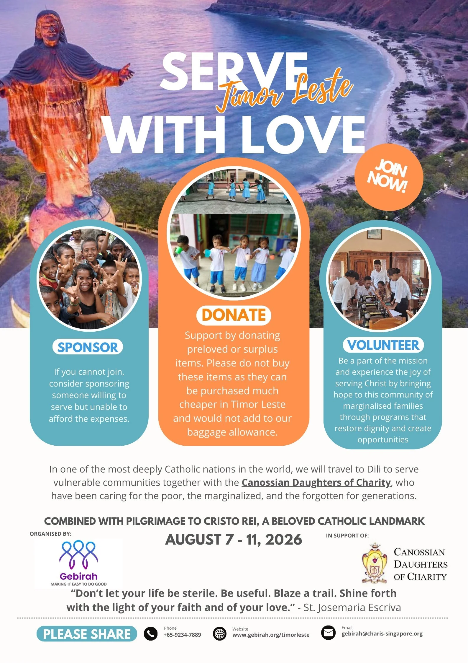 Gebirah’s Timor Leste&nbsp;Mission dates: 7 to 11 Aug 2026&nbsp;