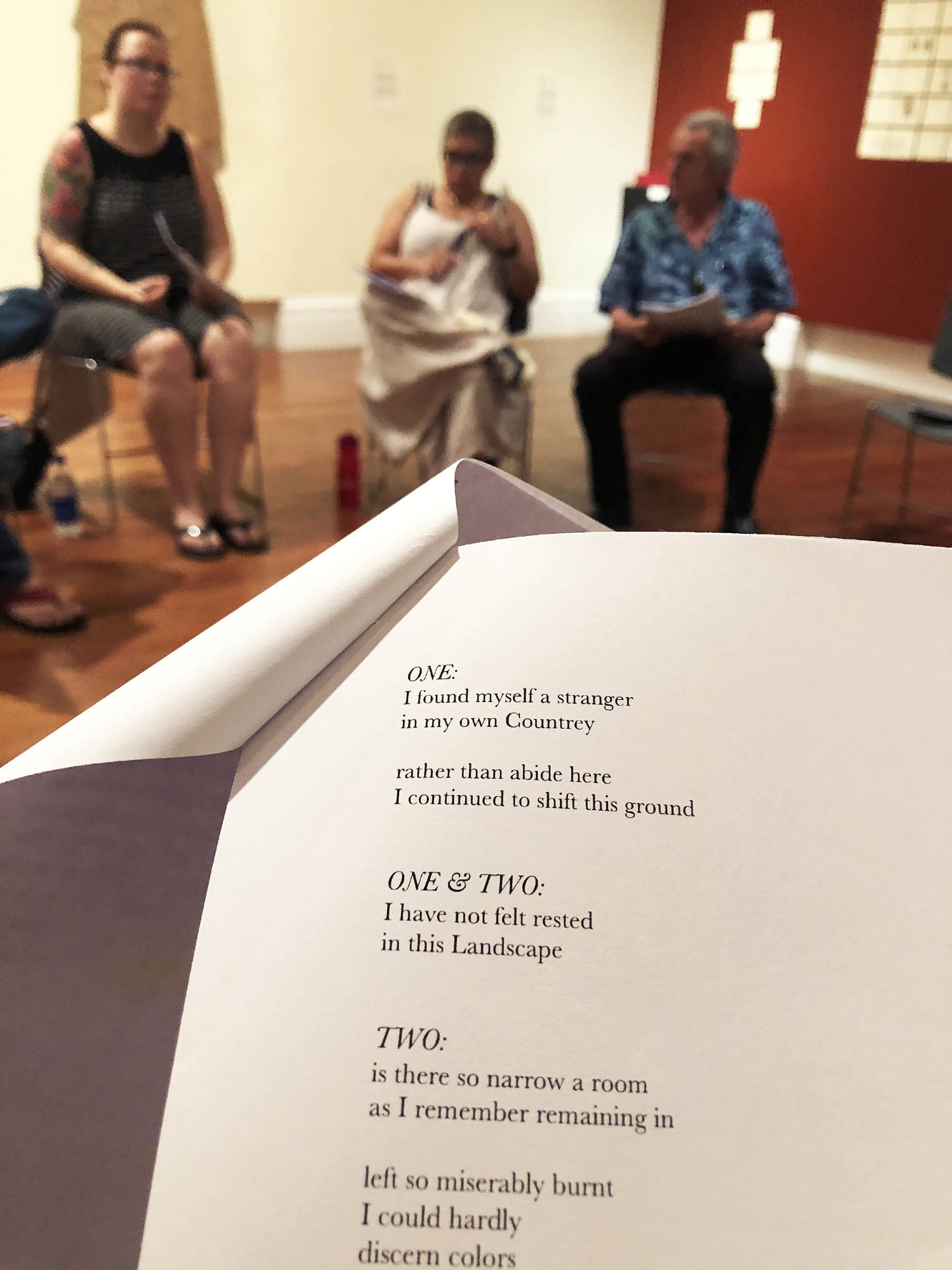 The group of readers and performers practicing for the performance of “A True and Exact History” for Sunday, July 29th at 4:00pm.