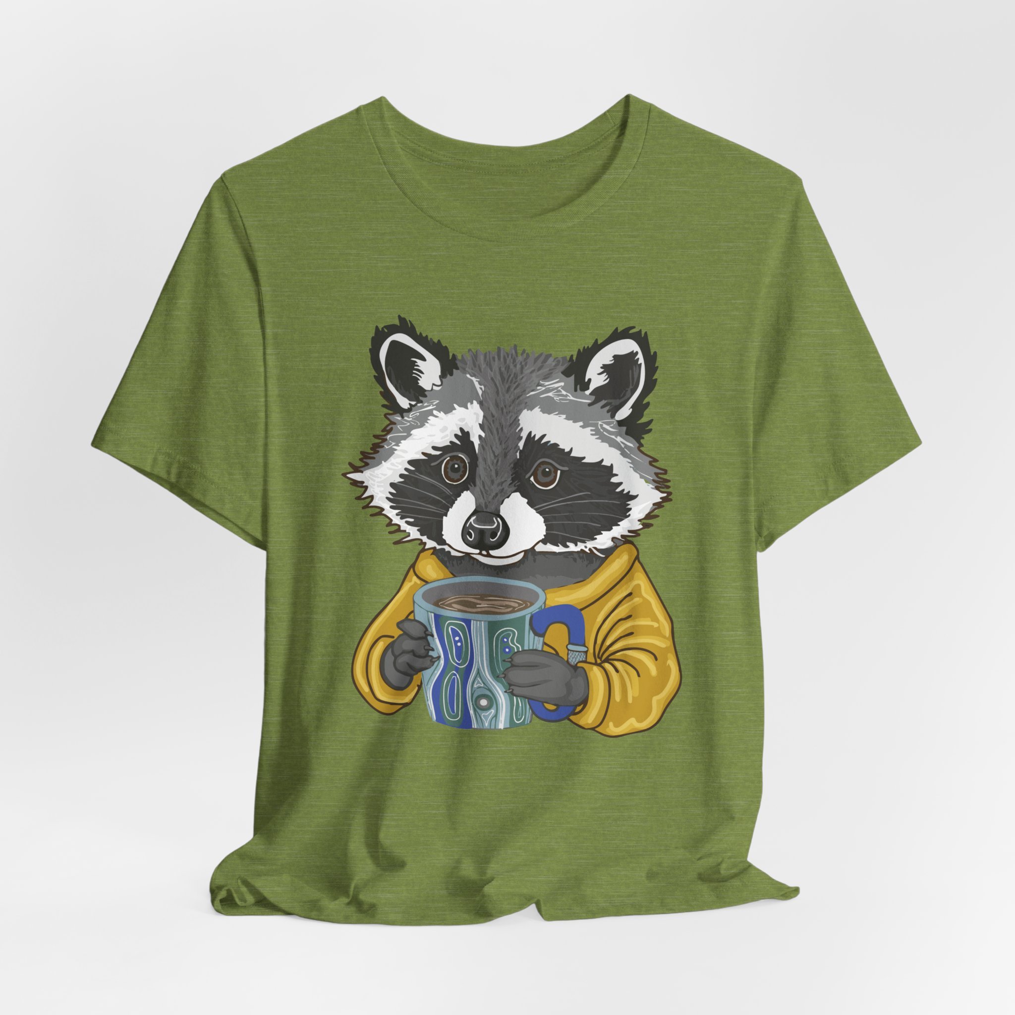 Raccoon Holding Coffee Mug T-Shirt — Cute Cozy Animal Tee