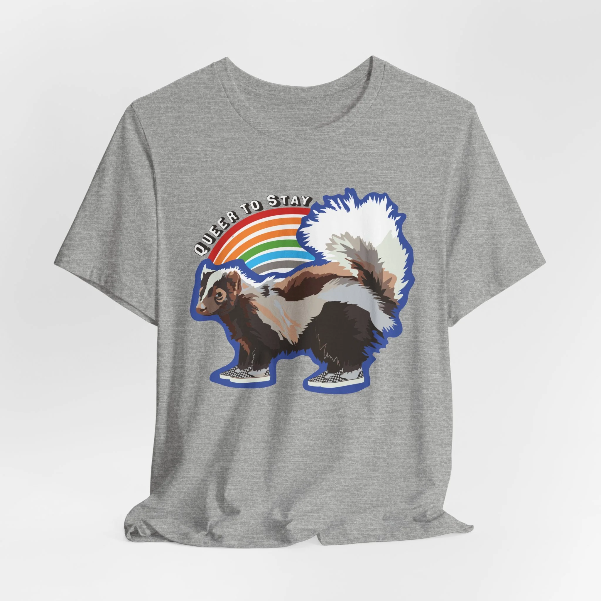 Skunk Rainbow Tee — Cute 'Queer to Stay' Graphic Shirt