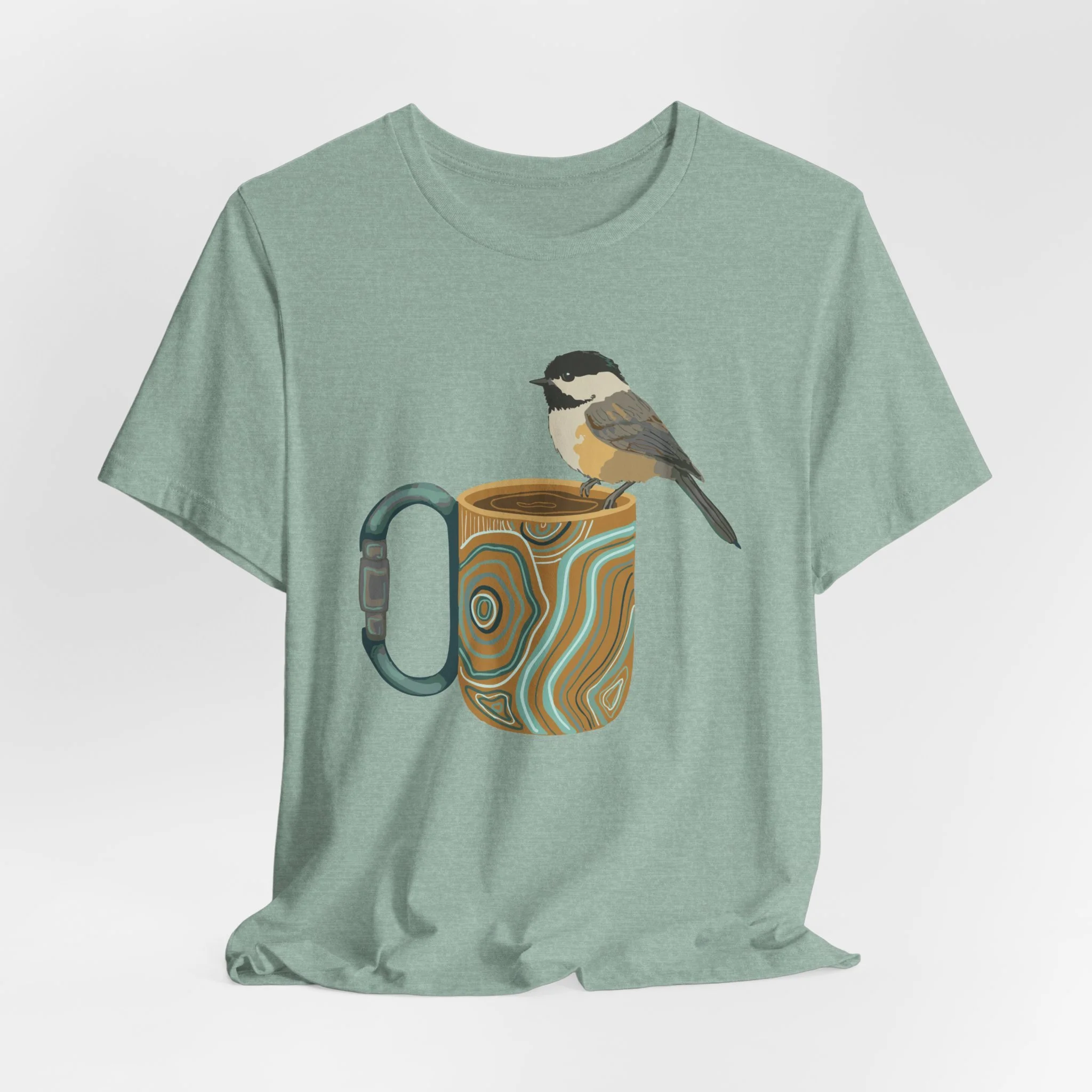 Chickadee on Marbled Mug T‑Shirt — Nature Coffee Bird Graphic Tee