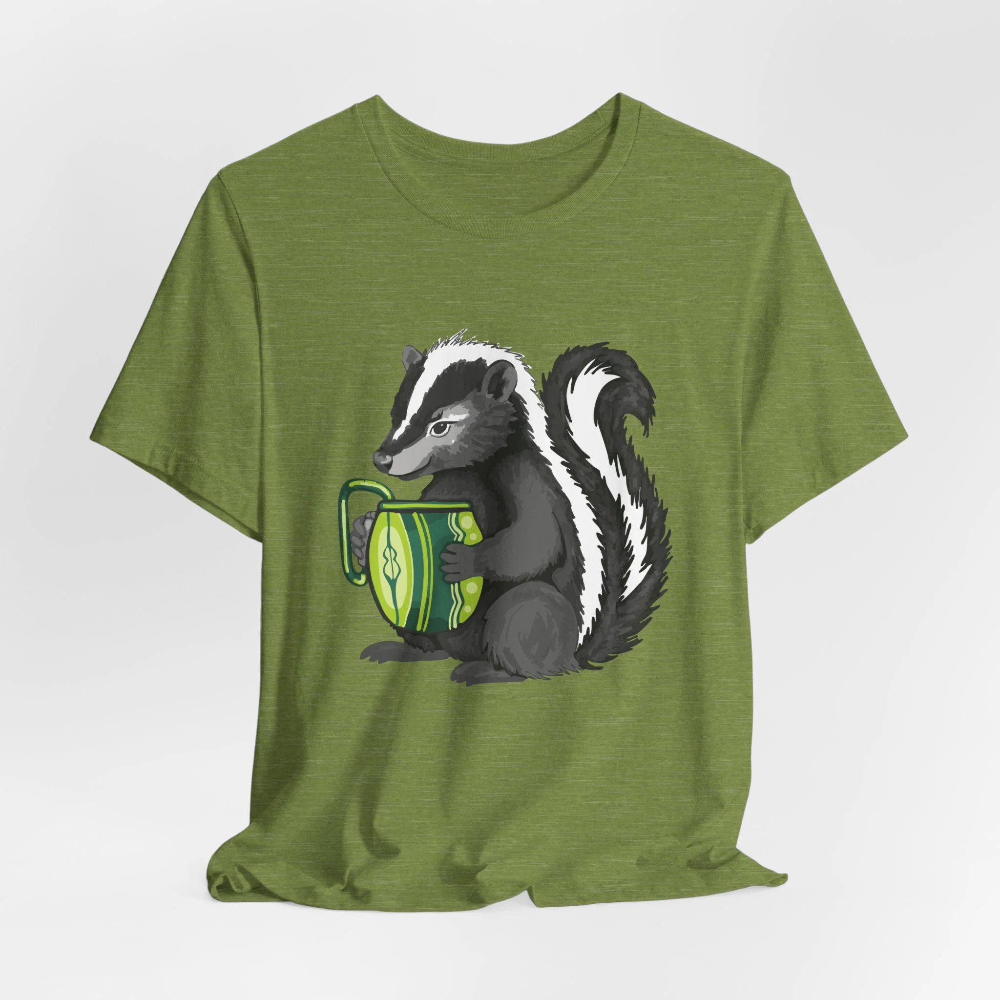 Skunk Holding Mug T-Shirt — Cute Forest Animal Tee for Nature Lovers