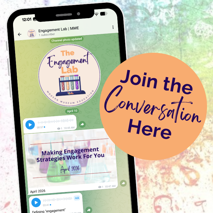 Image of a phone showing the Engagement Lab Telegram channel with  text that reads "Join the conversation here"